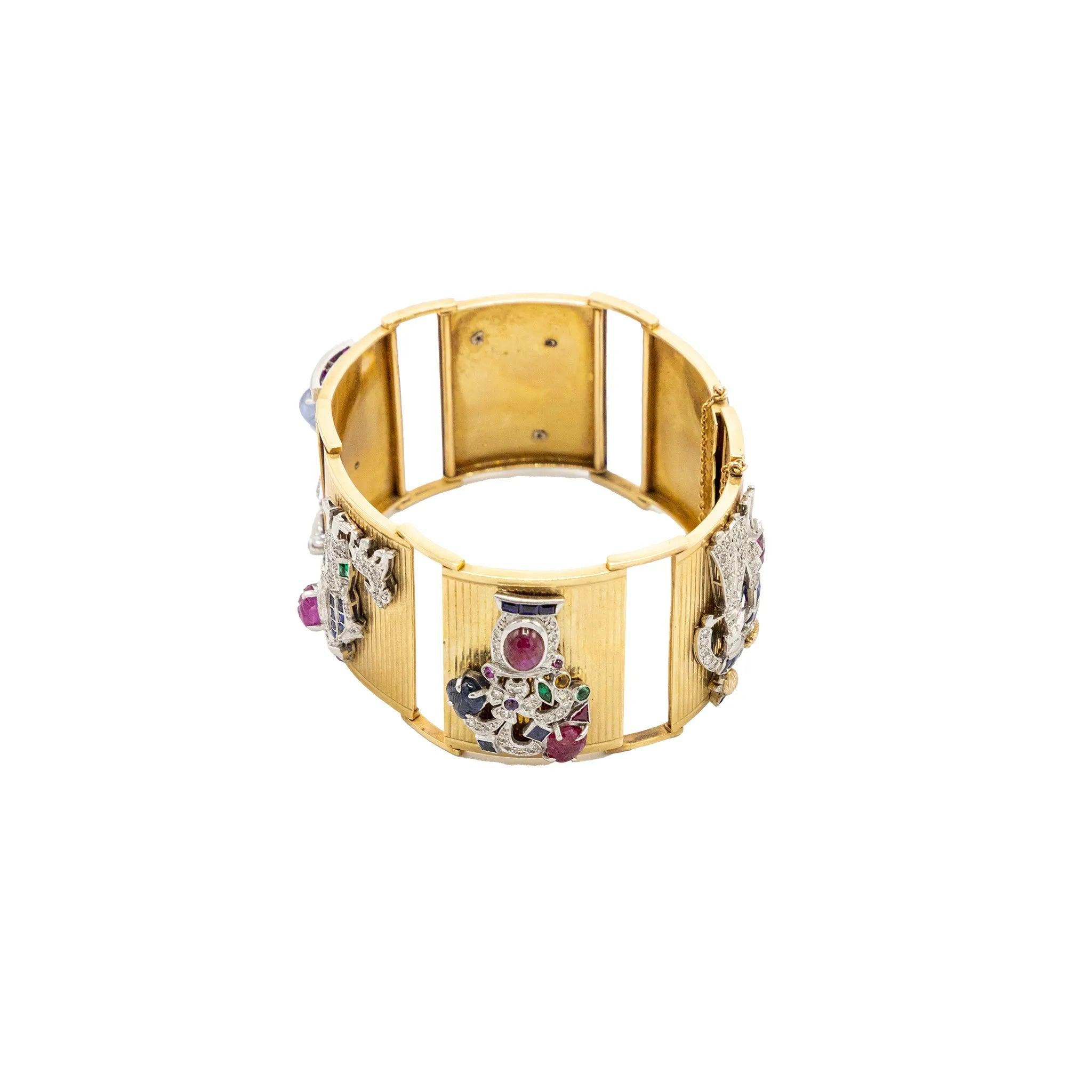 Extraordinaire bracelet en or français avec panneaux sertis de pierres précieuses - années 40 en vente 3