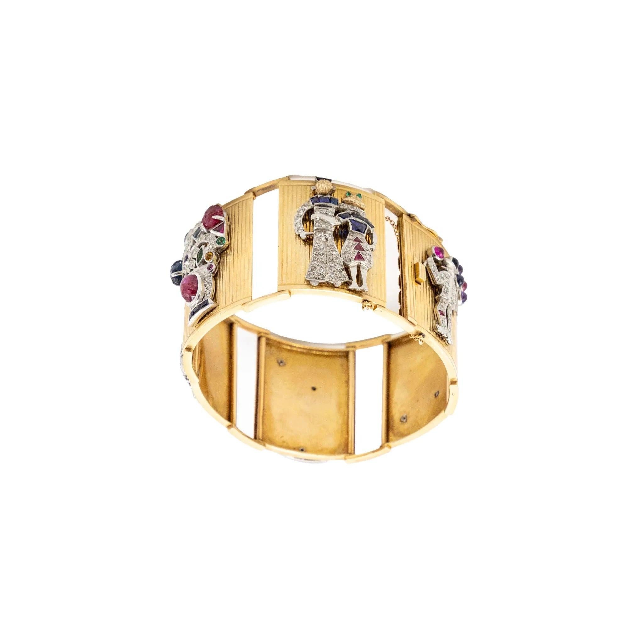 Extraordinaire bracelet en or français avec panneaux sertis de pierres précieuses - années 40 en vente 4