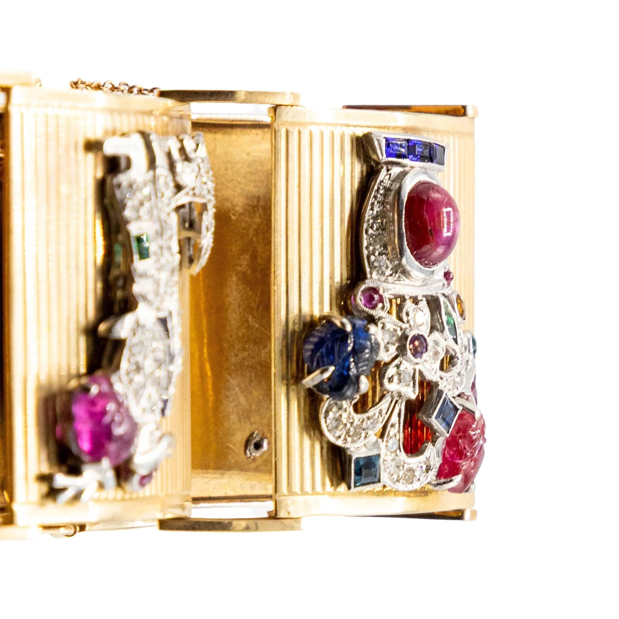 Extraordinaire bracelet en or français avec panneaux sertis de pierres précieuses - années 40 en vente 5