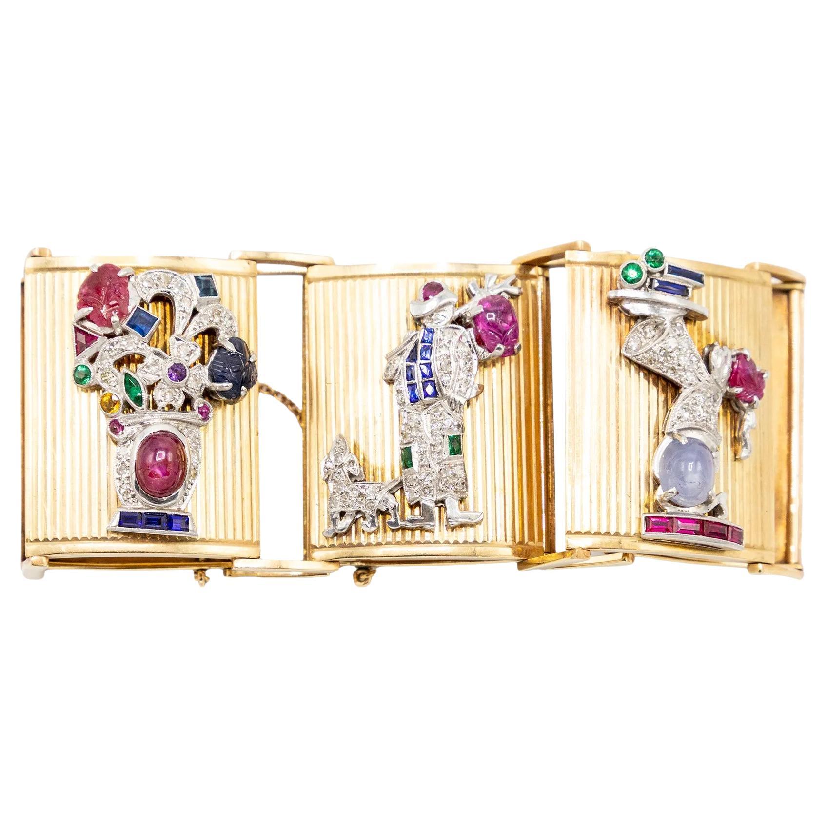 Extraordinaire bracelet en or français avec panneaux sertis de pierres précieuses - années 40 en vente