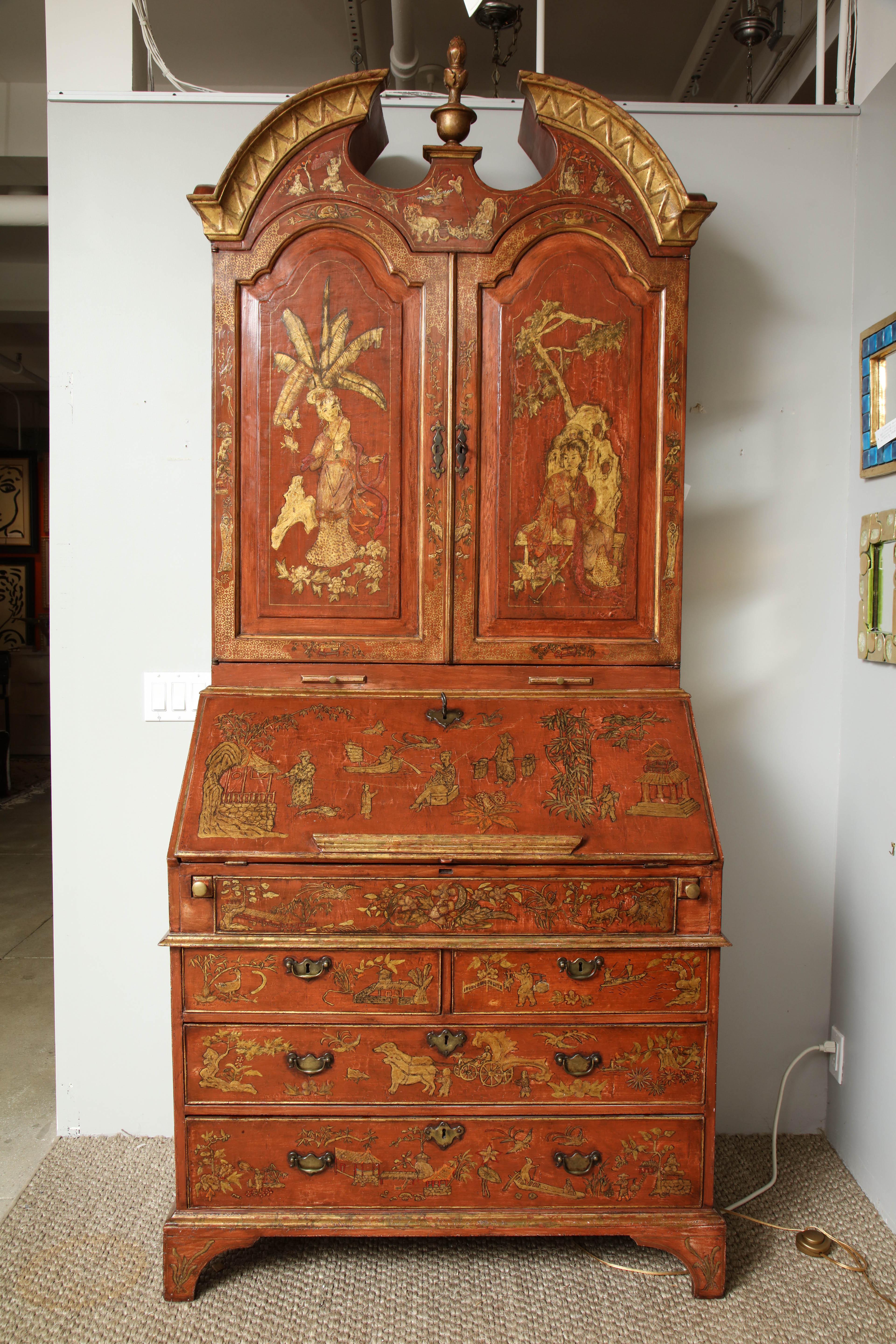 A George III secretary of exceptional quality dating from the late 18th century with later Chinoiserie lacquer and gilt decoration. There are so many wonderful, beautifully crafted details in this piece that it takes some time to really study it.