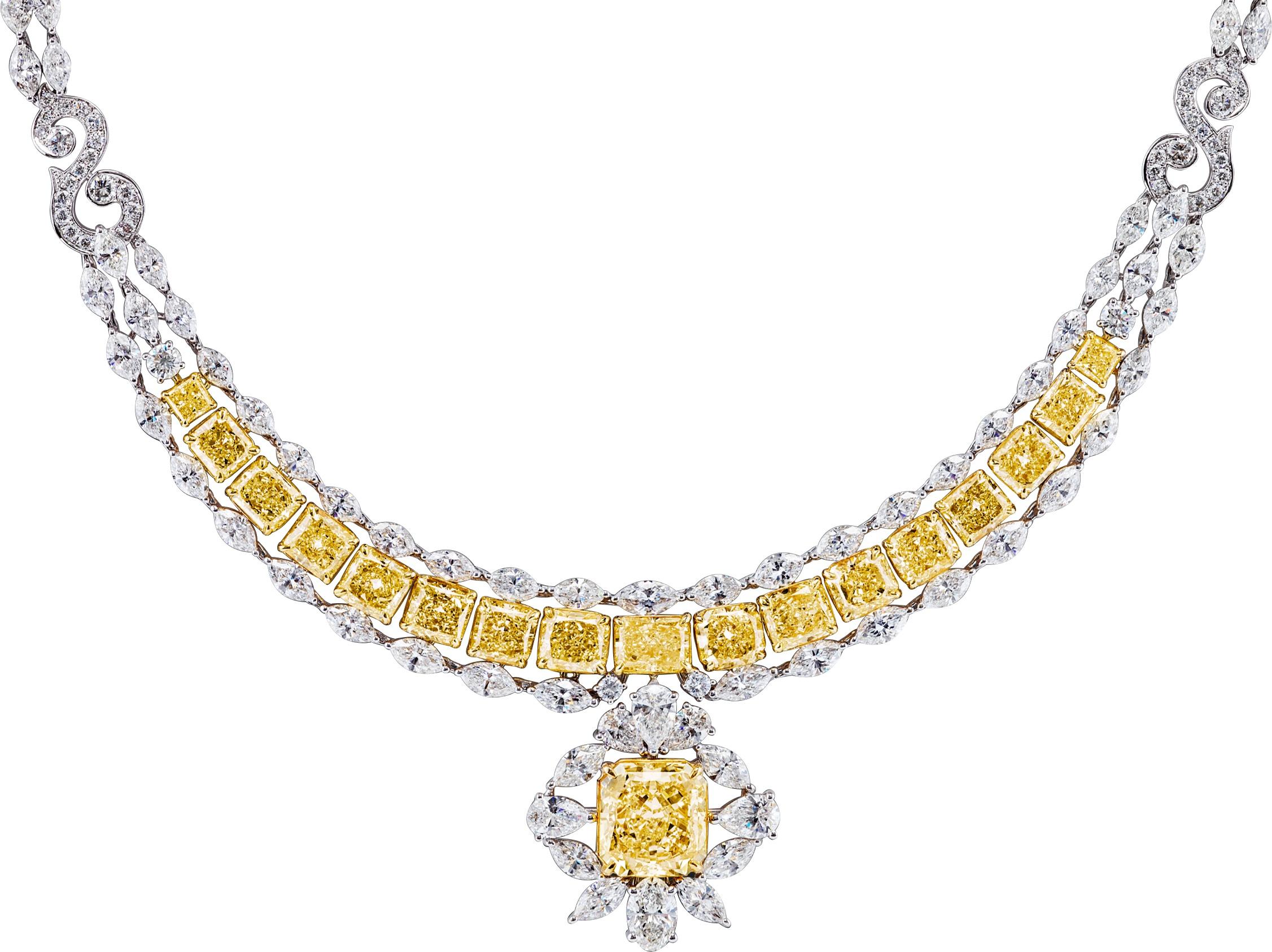 A true masterpiece, sourced with the finest raw materials nature has to offer, this exquisite diamond necklace embodies the pinnacle of luxury. Set with over 50 carats of natural diamonds and 18k solid white and yellow gold. Over half a year of