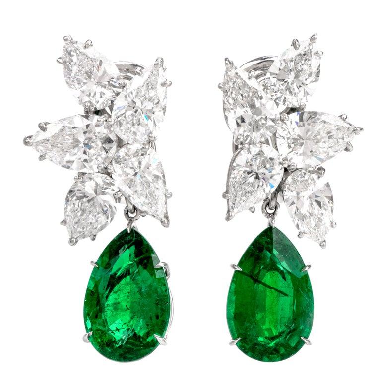 Extraordinary GIA Diamond Emerald Platinum Clip-On Earrings For Sale 1