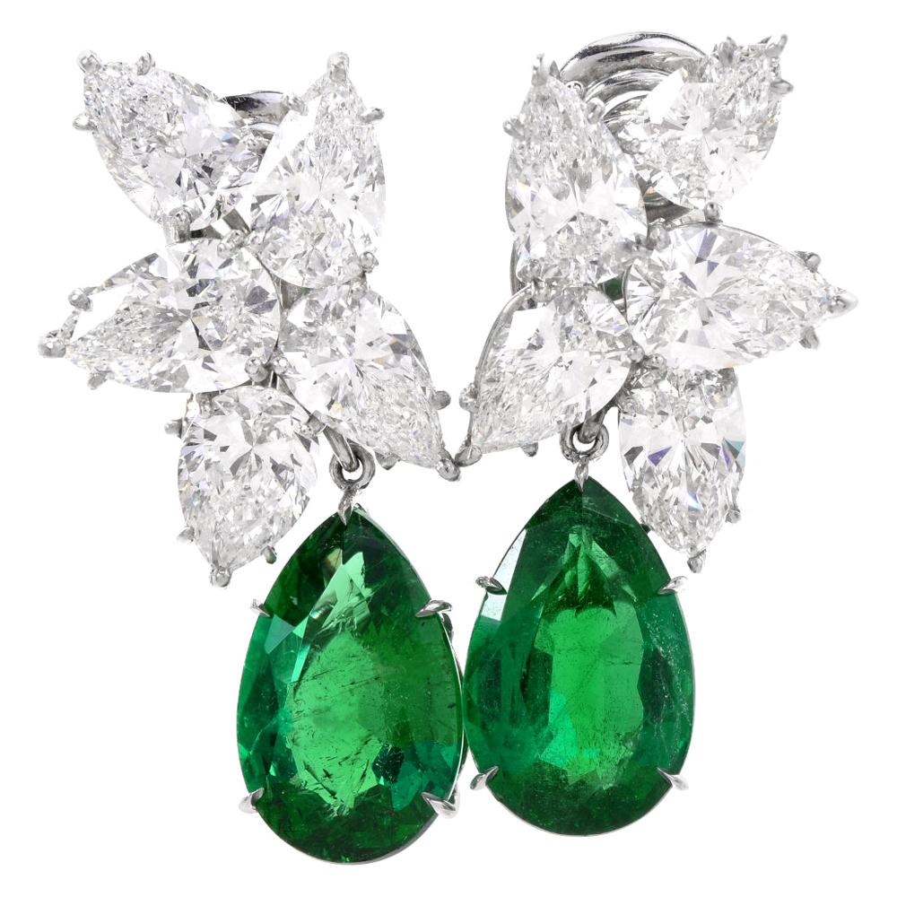 Extraordinary GIA Diamond Emerald Platinum Clip-On Earrings For Sale