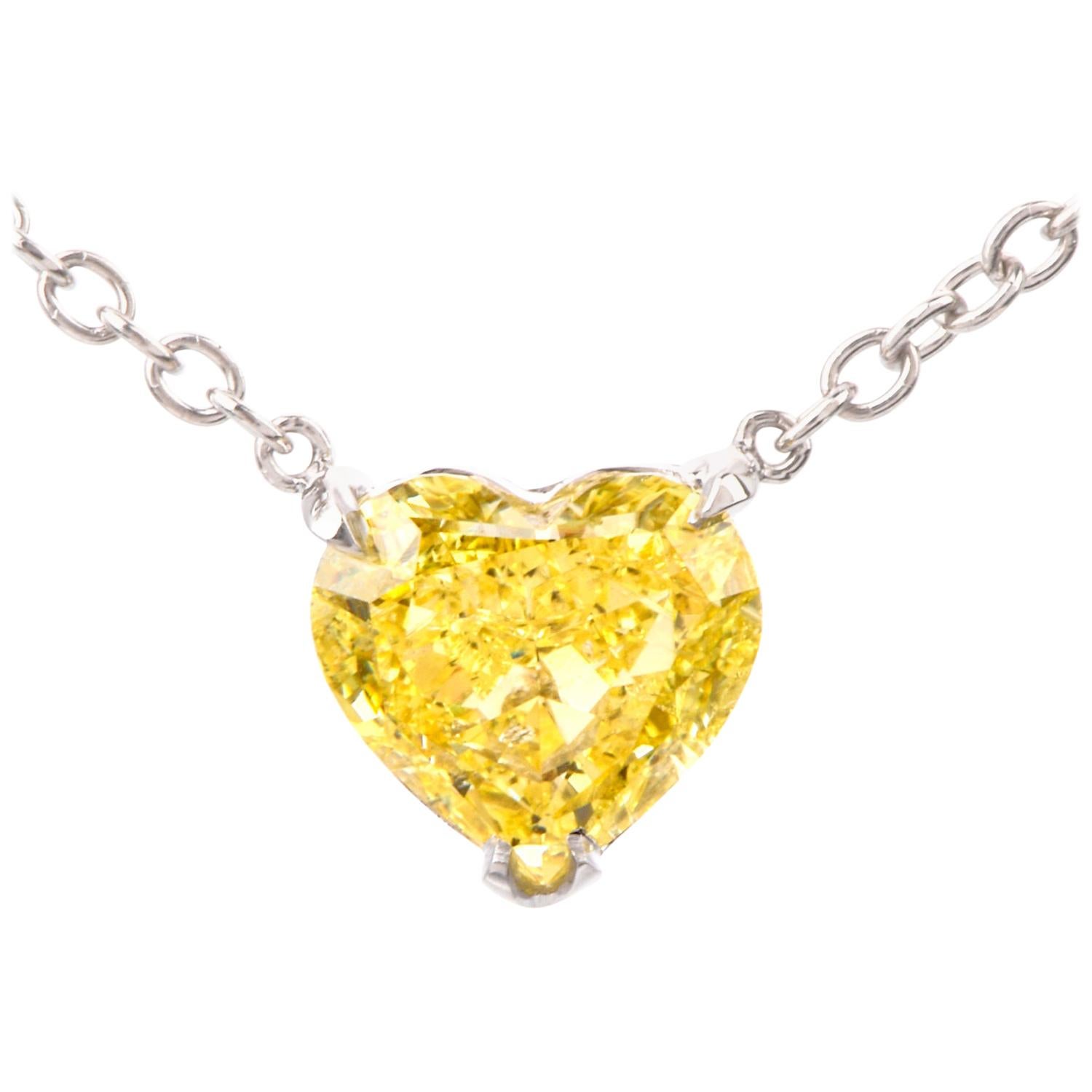 Extraordinary GIA Natural Fancy Intense Yellow Diamond Heart Necklace