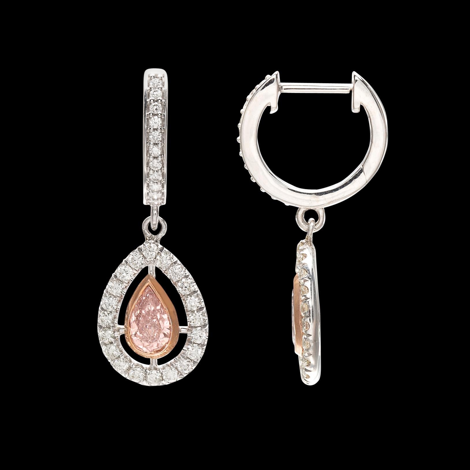 Pear Cut Extraordinary GIA Pink & White Diamond Drop Earrings For Sale