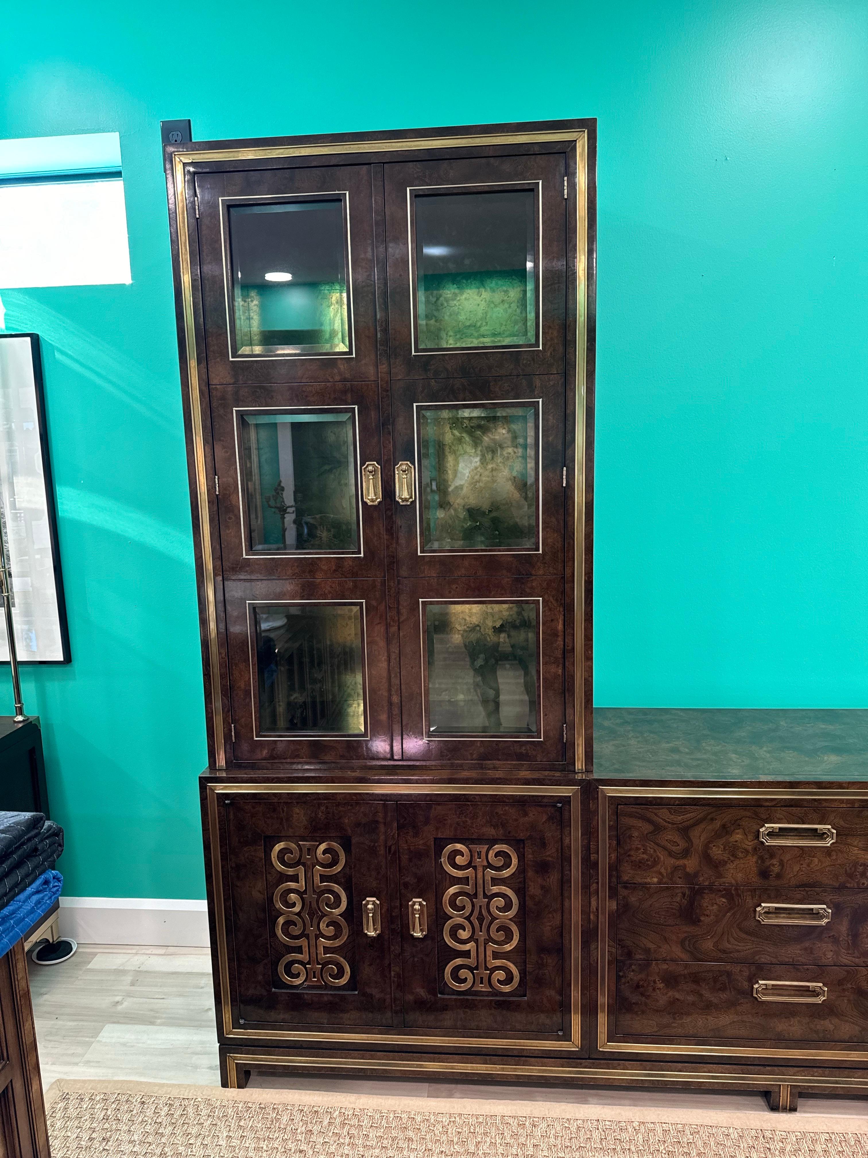 Extraordinary Glass Front Burled Amboyna Cabinets and Credenza by Mastercraft For Sale 4