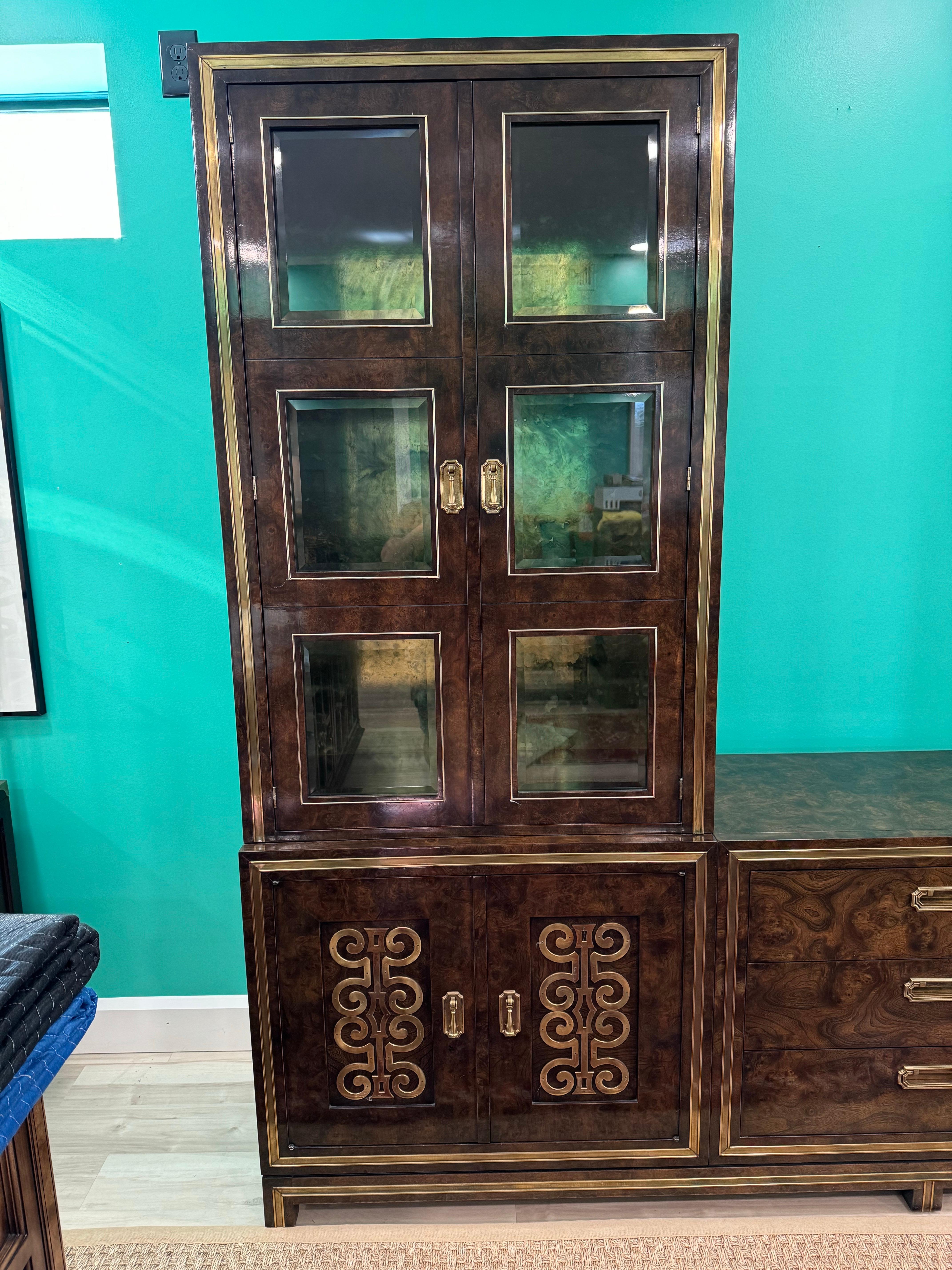 Extraordinary Glass Front Burled Amboyna Cabinets and Credenza by Mastercraft For Sale 5