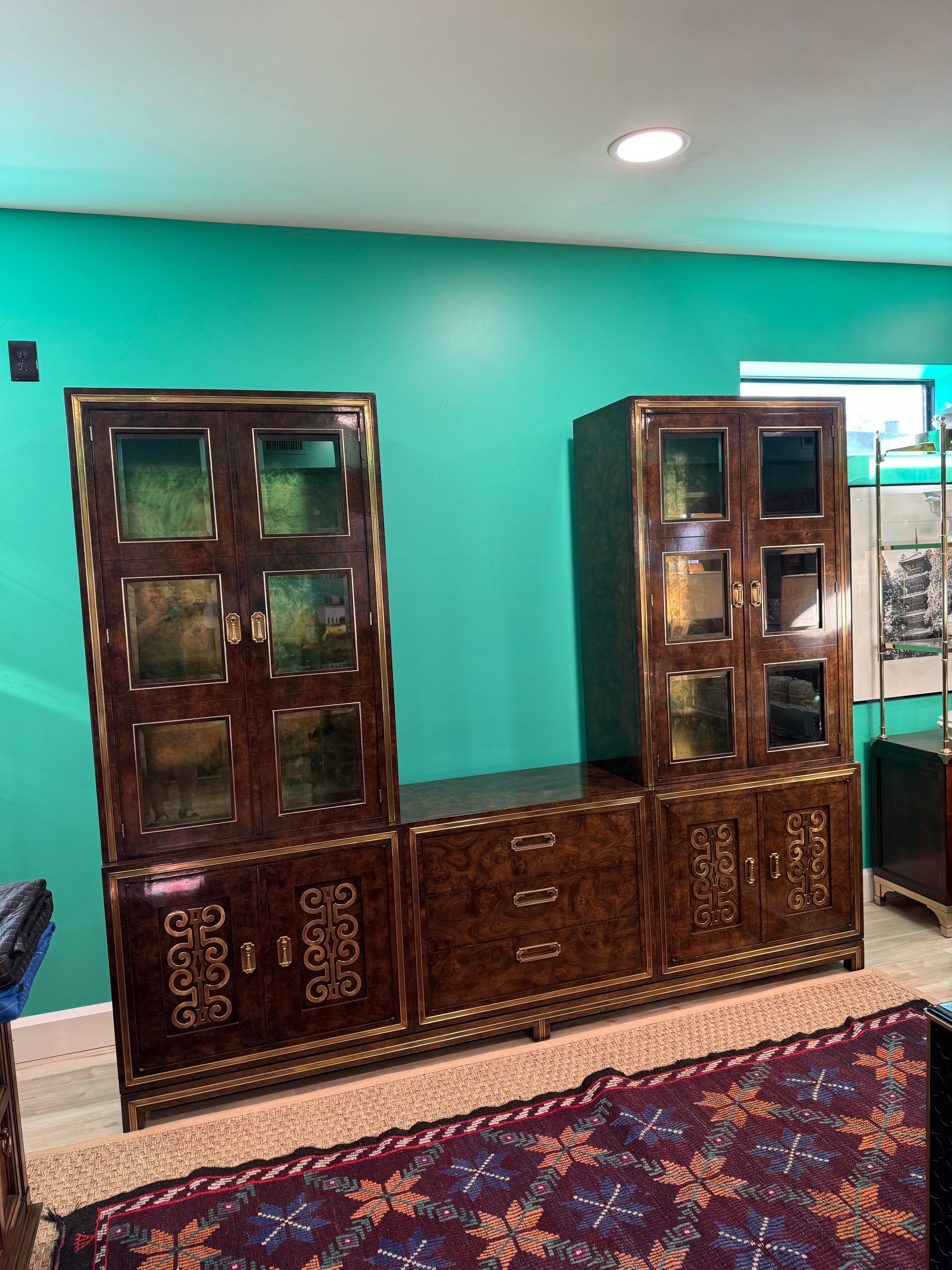 Extraordinary Glass Front Burled Amboyna Cabinets and Credenza by Mastercraft For Sale 6