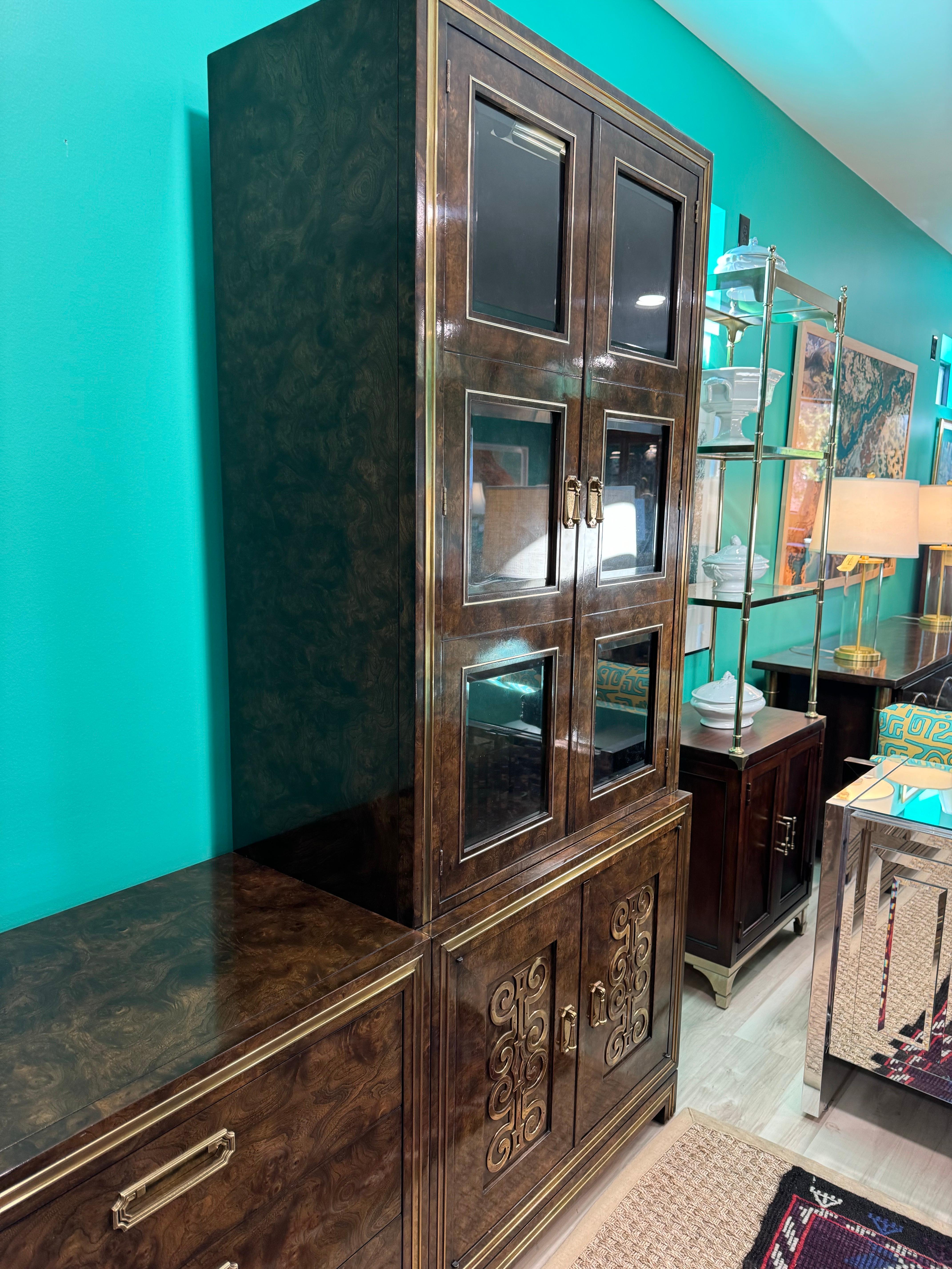 Extraordinary Glass Front Burled Amboyna Cabinets and Credenza by Mastercraft For Sale 7