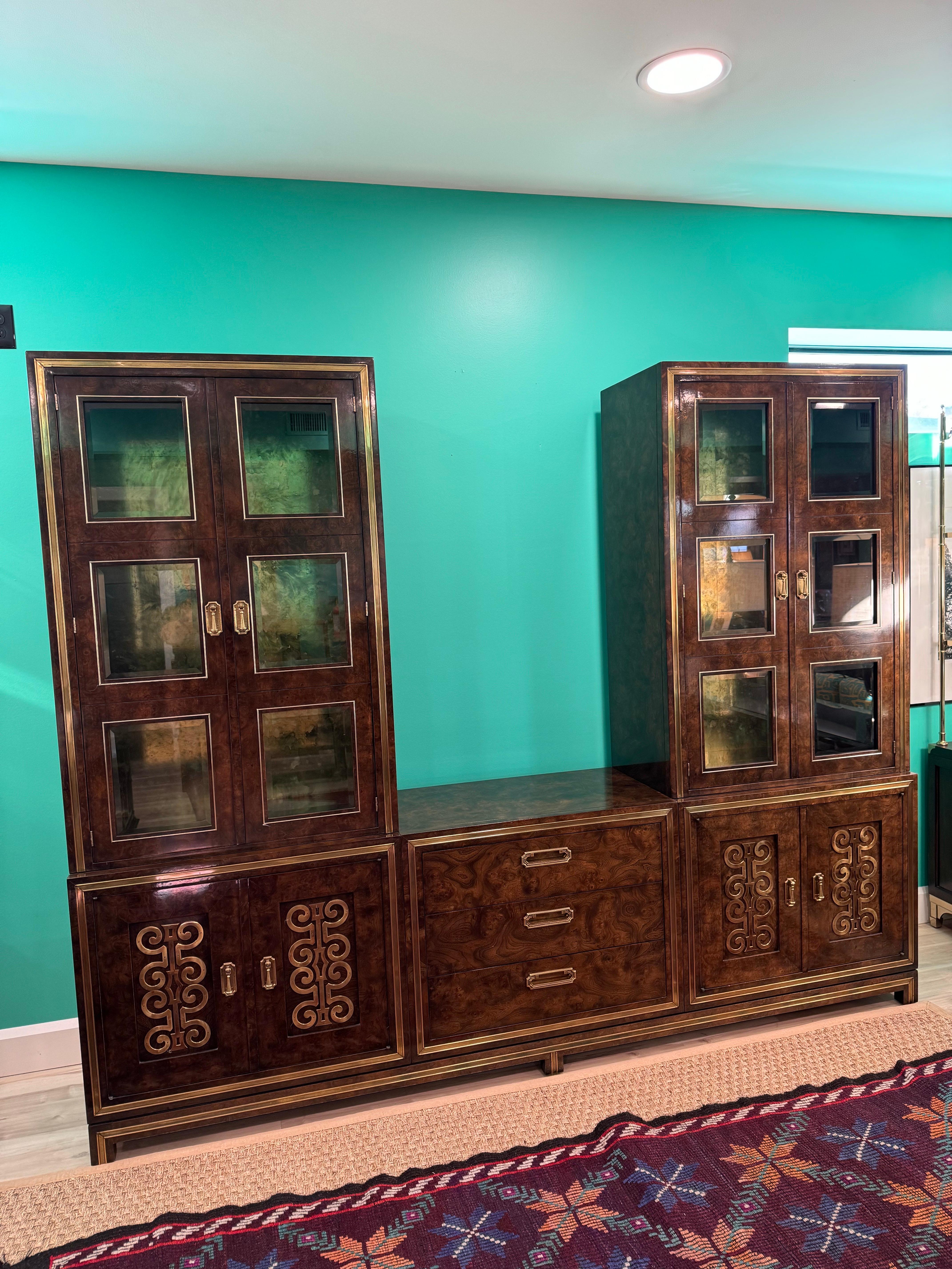 One of the finest examples you'll find. Acquired from the original owners, this is one gorgeous piece. Comprised of 6 pieces in total. Burled Amboyna and Extraordinary Brass Embellishments. 