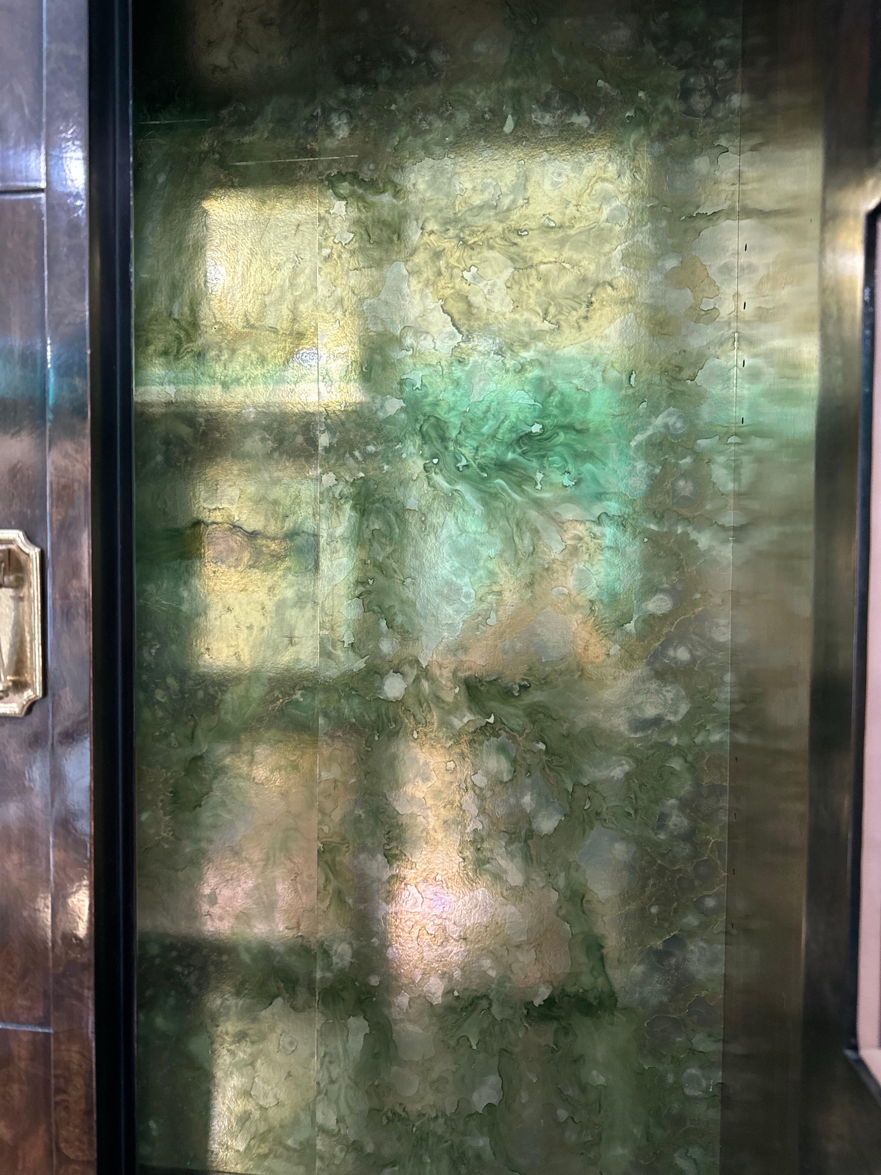 Hollywood Regency Extraordinary Glass Front Burled Amboyna Cabinets and Credenza by Mastercraft For Sale