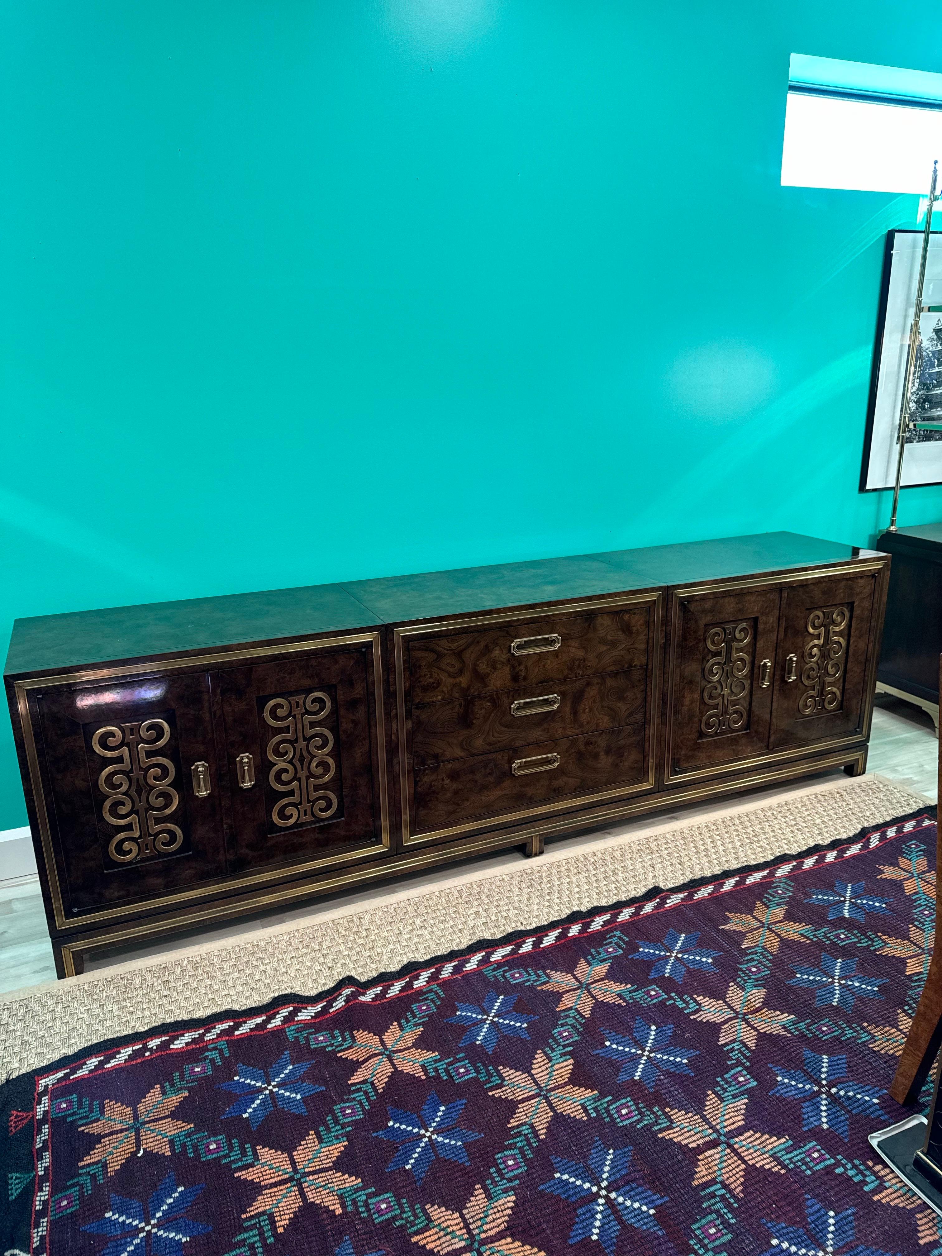 American Extraordinary Glass Front Burled Amboyna Cabinets and Credenza by Mastercraft For Sale