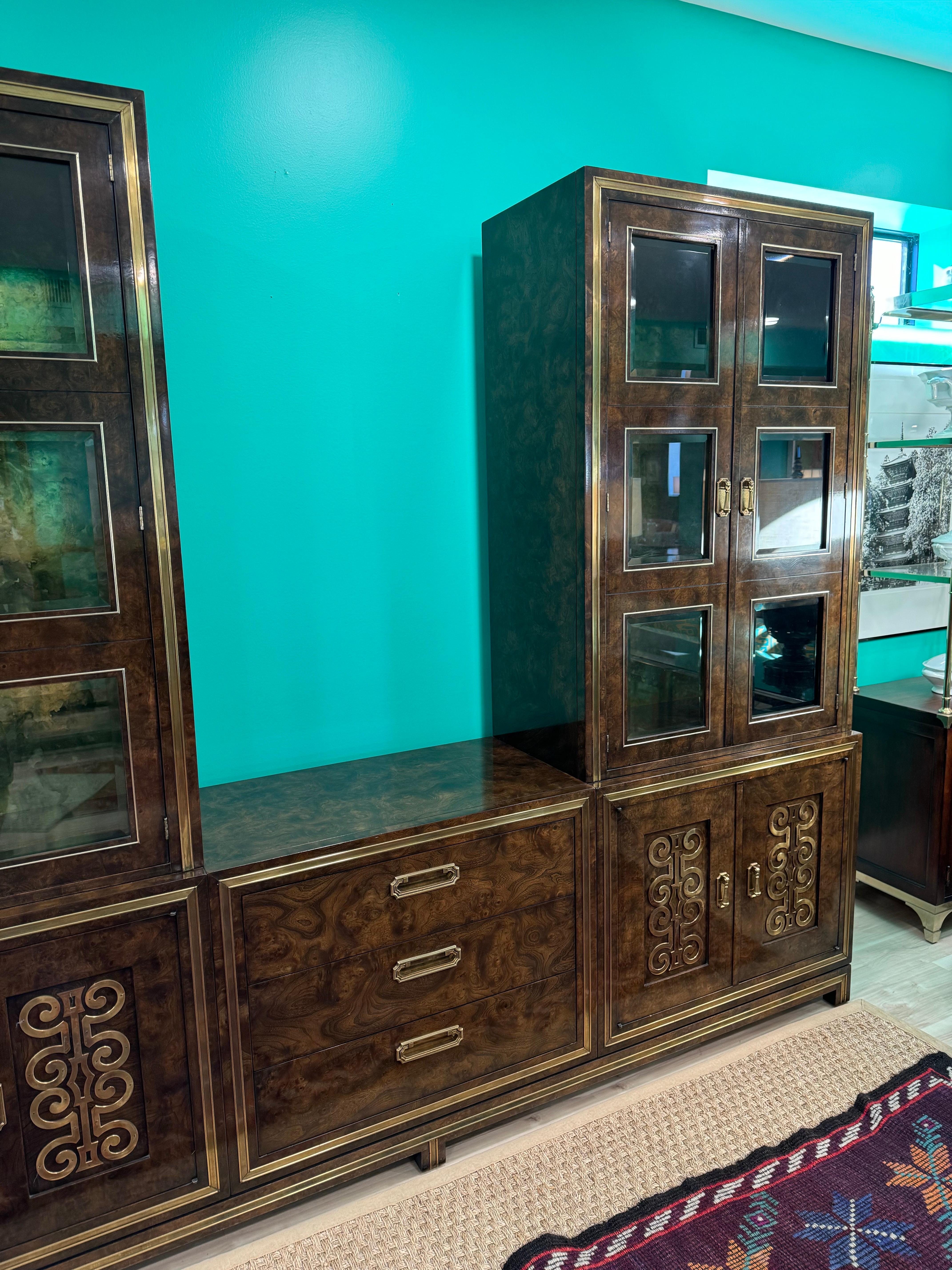 Extraordinary Glass Front Burled Amboyna Cabinets and Credenza by Mastercraft In Good Condition For Sale In Hartville, OH