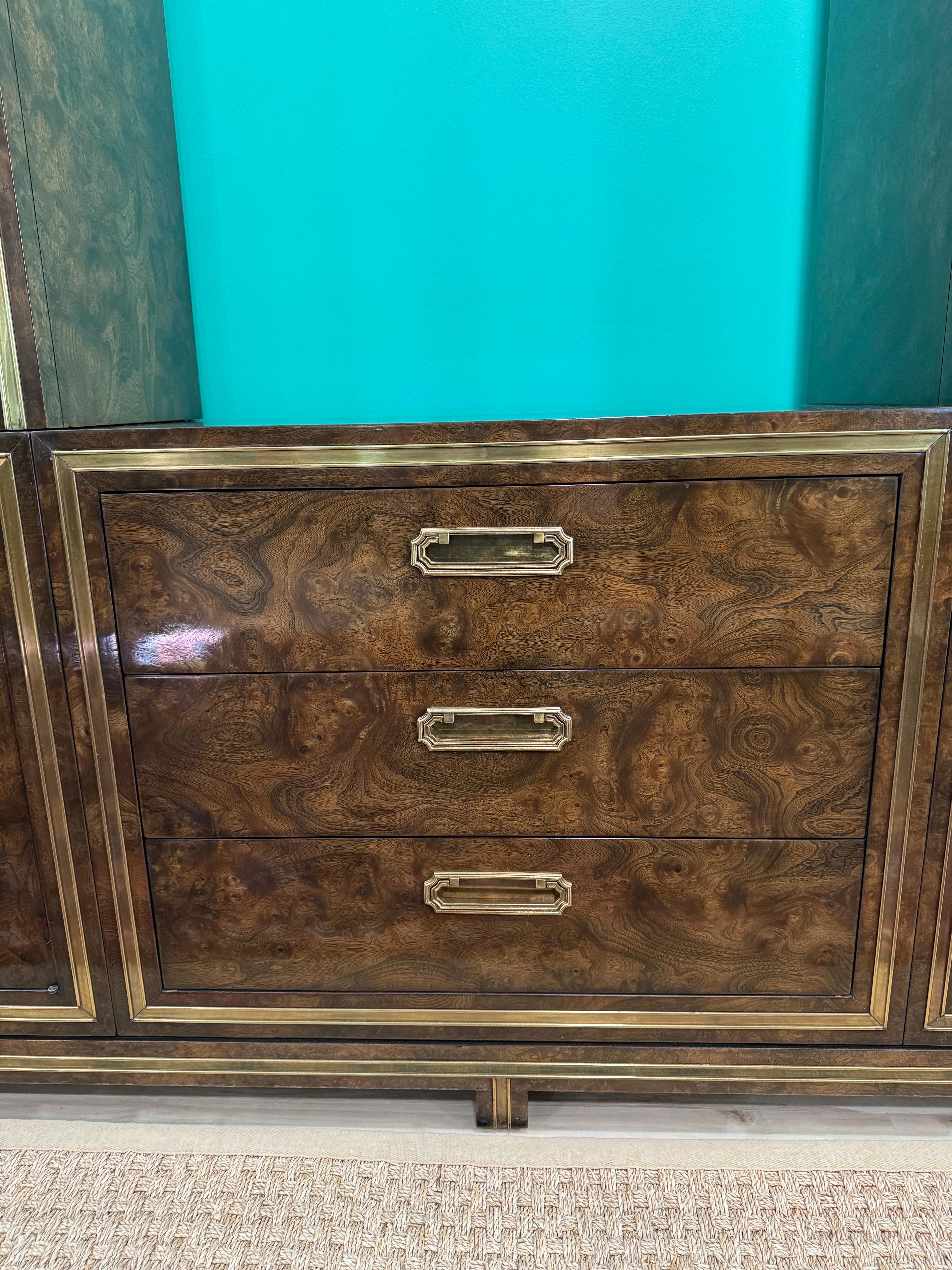 Late 20th Century Extraordinary Glass Front Burled Amboyna Cabinets and Credenza by Mastercraft For Sale