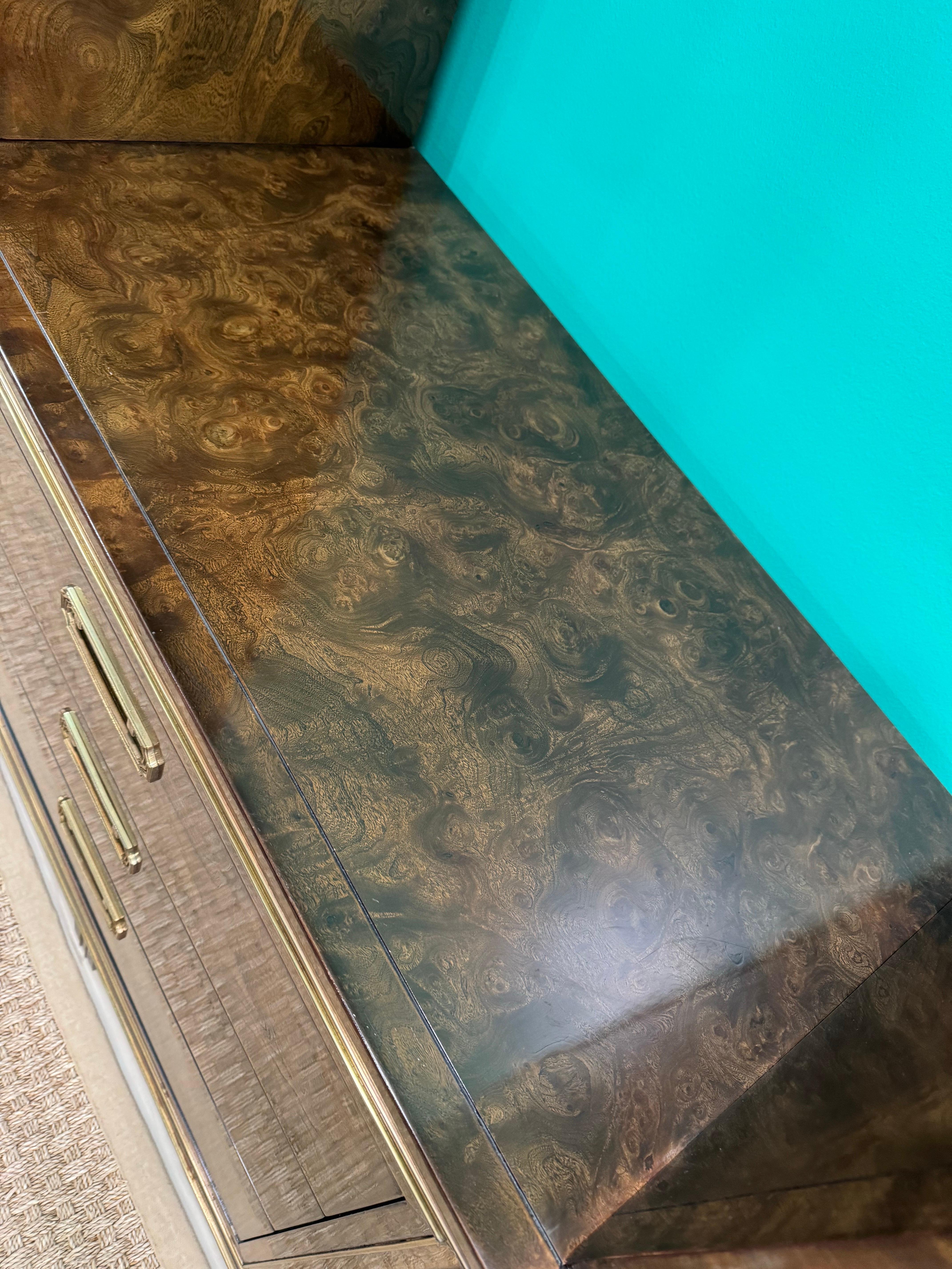 Extraordinary Glass Front Burled Amboyna Cabinets and Credenza by Mastercraft For Sale 2