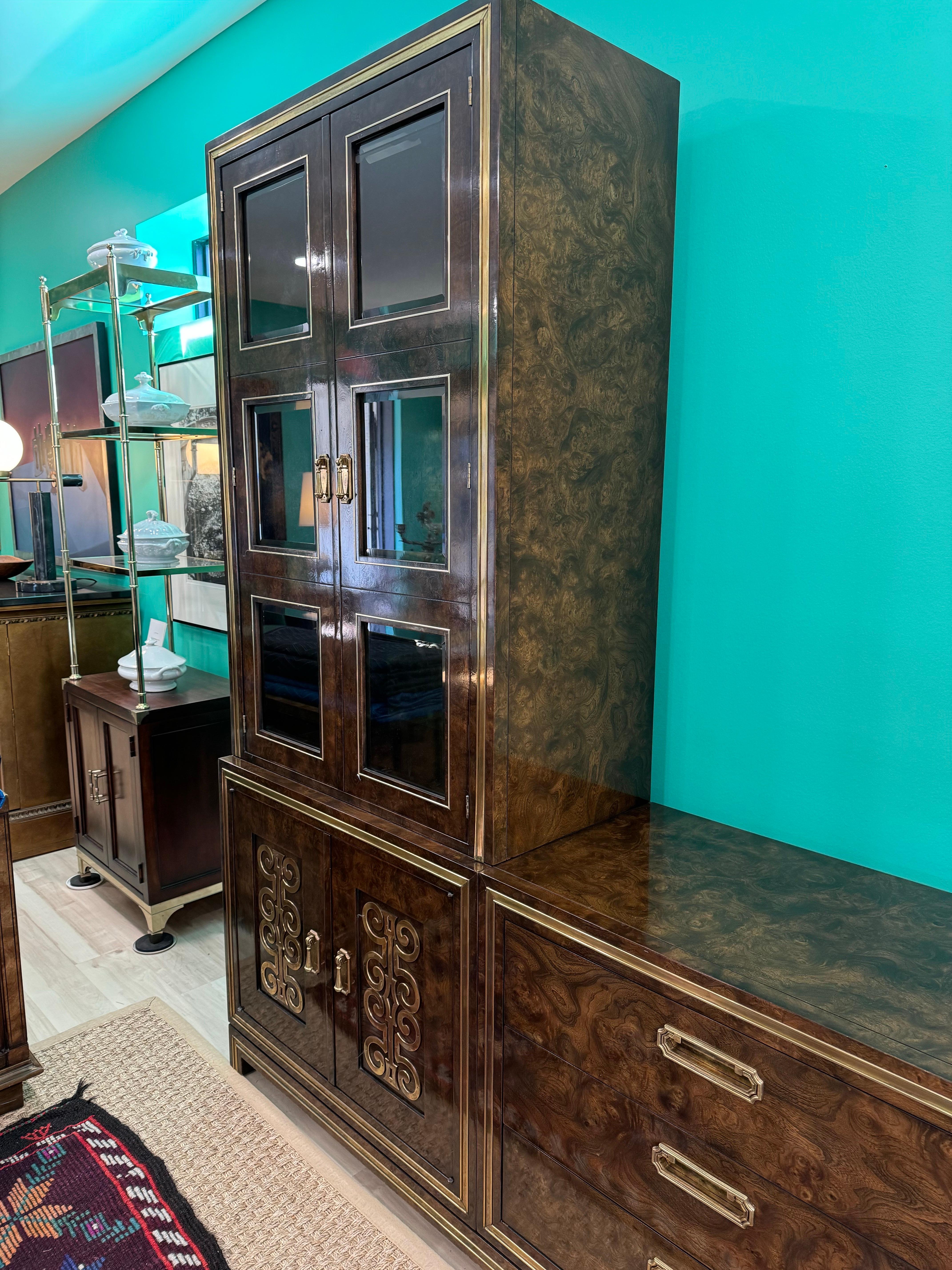 Extraordinary Glass Front Burled Amboyna Cabinets and Credenza by Mastercraft For Sale 3
