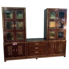 Extraordinary Glass Front Burled Amboyna Cabinets and Credenza by Mastercraft