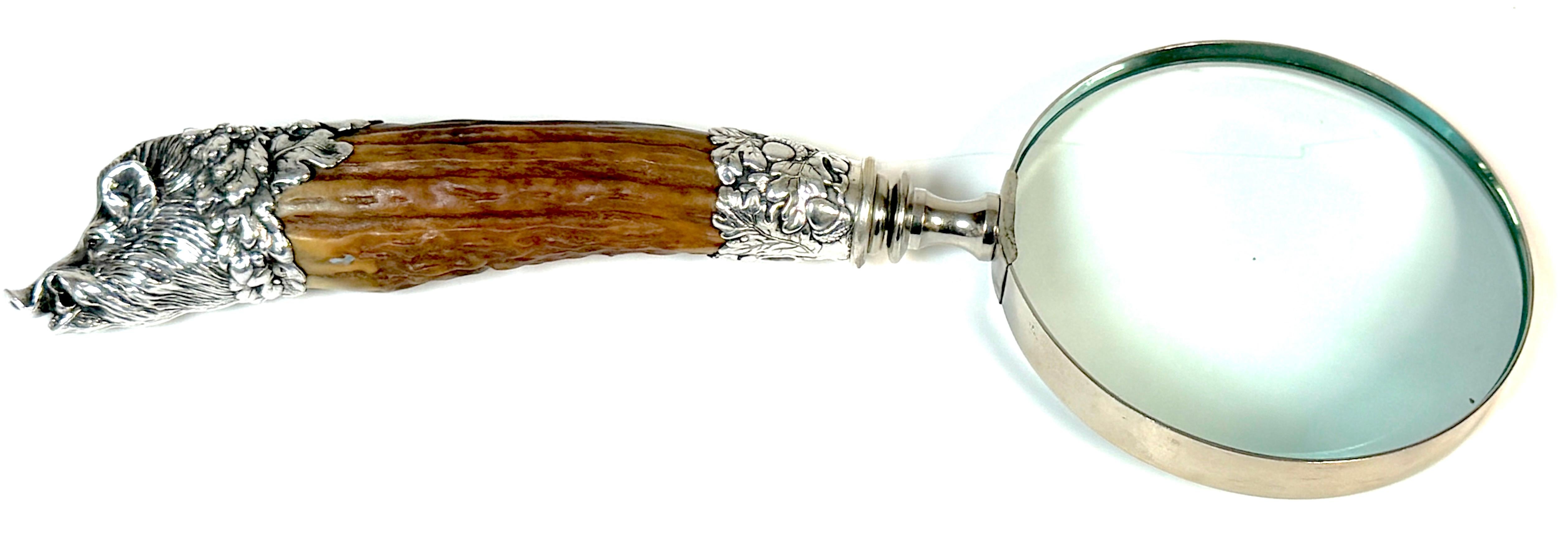 Extraordinary Gorham Silver Company Cast Sterling Wild Boar Magnifying Glass, 1878 USA, Gorham Silver Company, Various Date Letter Marks 

An extraordinary Gorham Silver Company cast sterling magnifying glass, made circa 1878, showcasing the