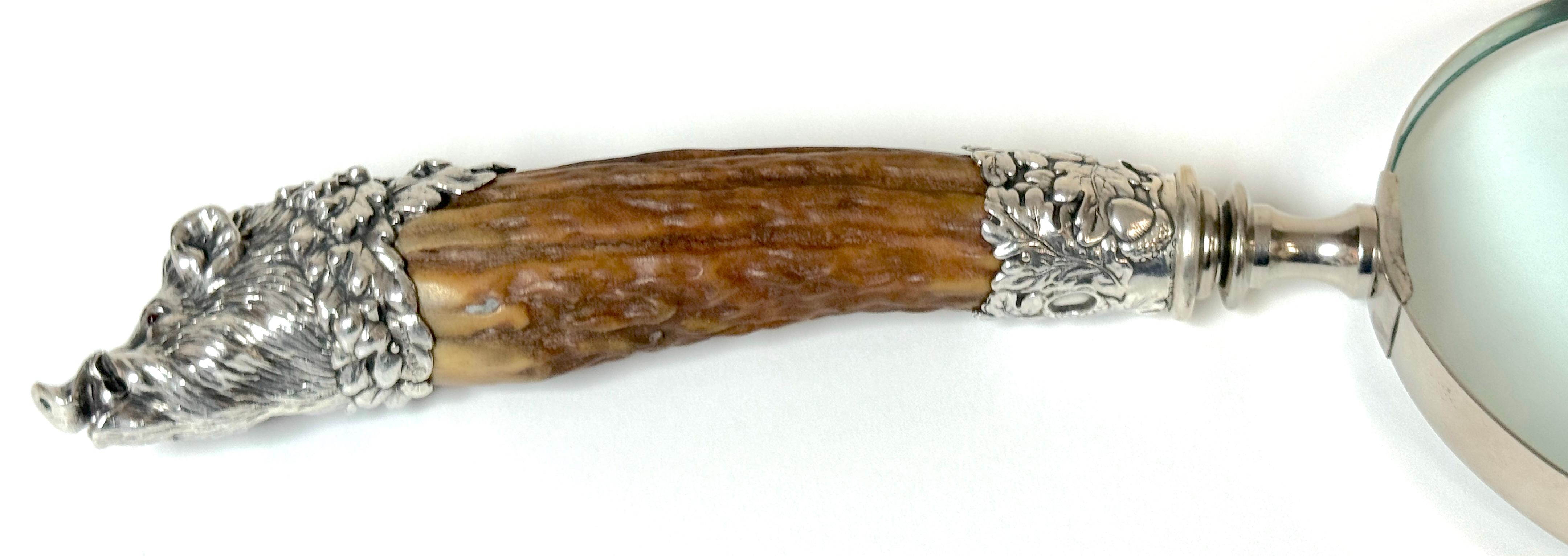 American Extraordinary Gorham Cast Sterling Wild Boar Magnifying Glass, 1870s
