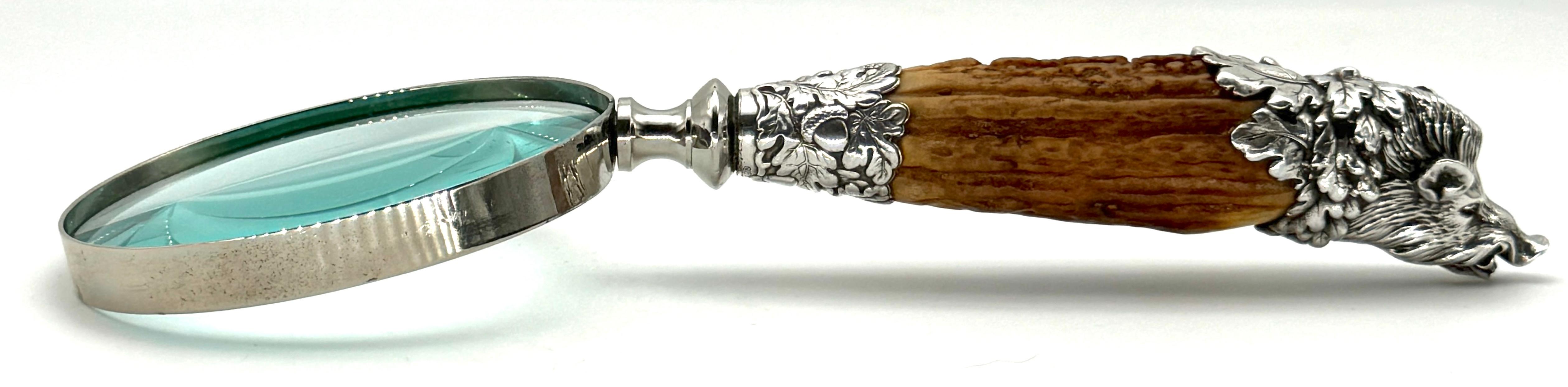 Aesthetic Movement Extraordinary Gorham Cast Sterling Wild Boar Magnifying Glass, 1878
