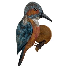 Extraordinary Hand Carved Wood Kingfisher Bird, Black Forest Folk Art, 1950s