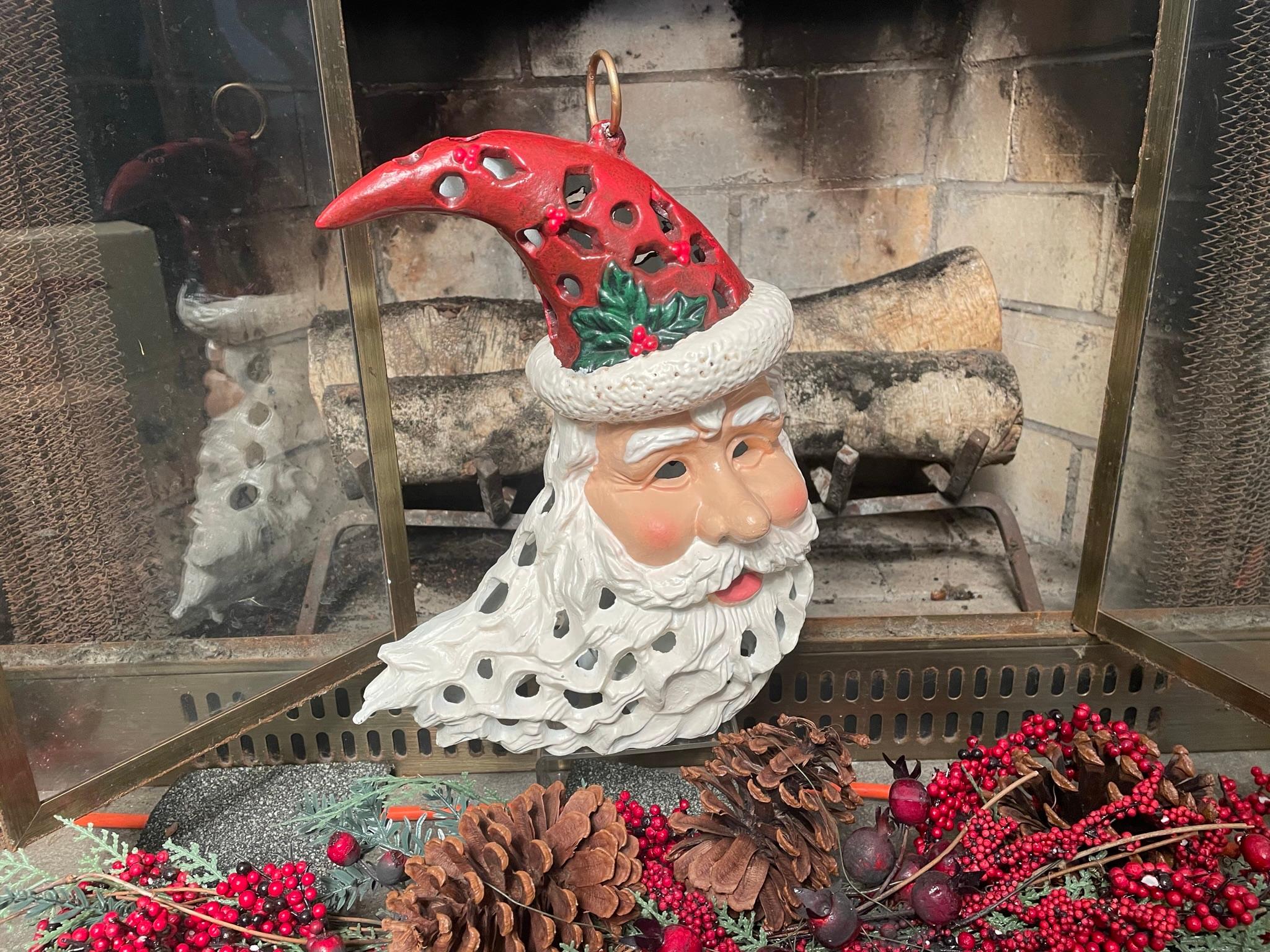 Cast Extraordinary Hand Painted Santa Claus Lighting Lantern For Sale