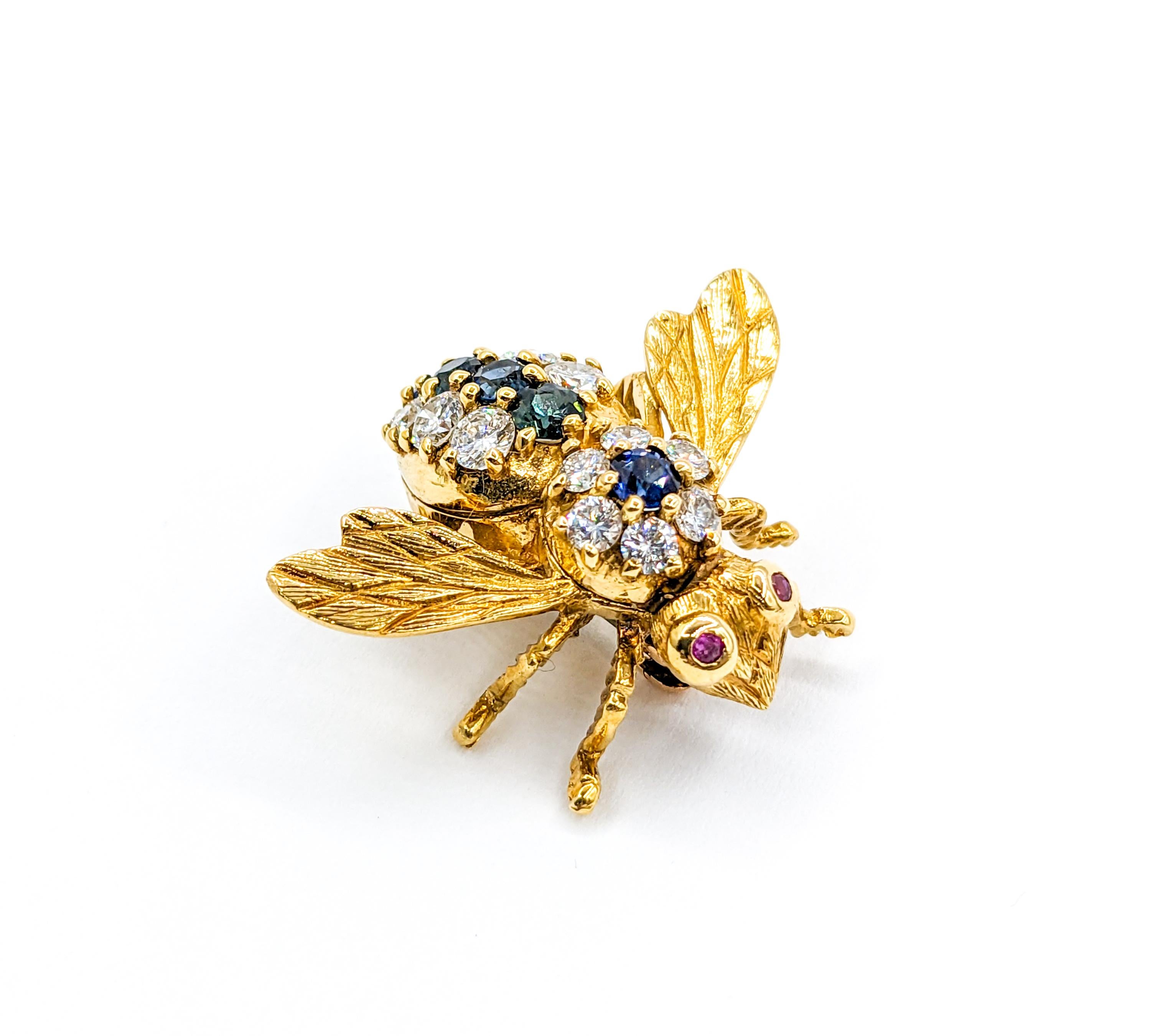 Round Cut Extraordinary Herbert Rosenthal Bee Sapphire & Diamond Pin Brooch in 18K Gold