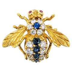 Extraordinary Herbert Rosenthal Bee Sapphire & Diamond Pin Brooch in 18K Gold