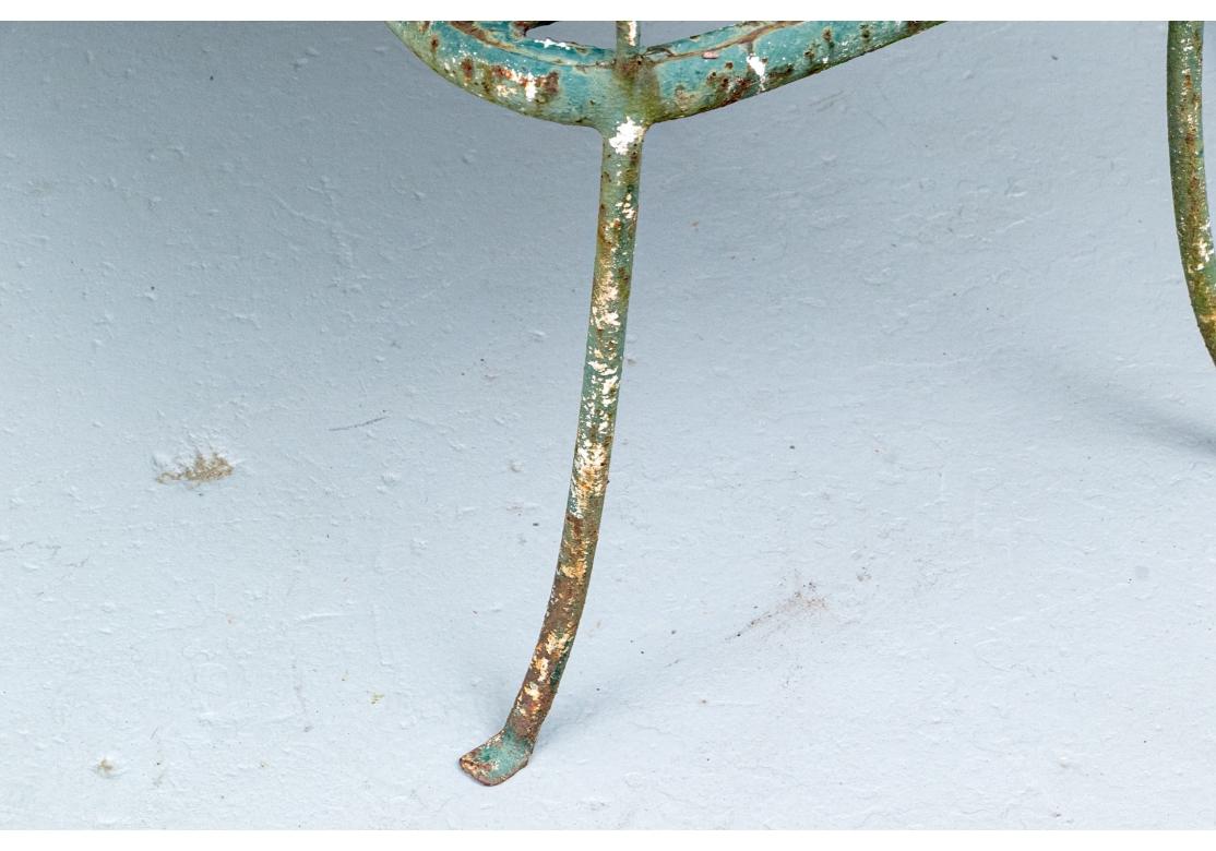 Extraordinary Hollywood Regency Era Painted Wrought Iron Garden Bench In Distressed Condition For Sale In Bridgeport, CT
