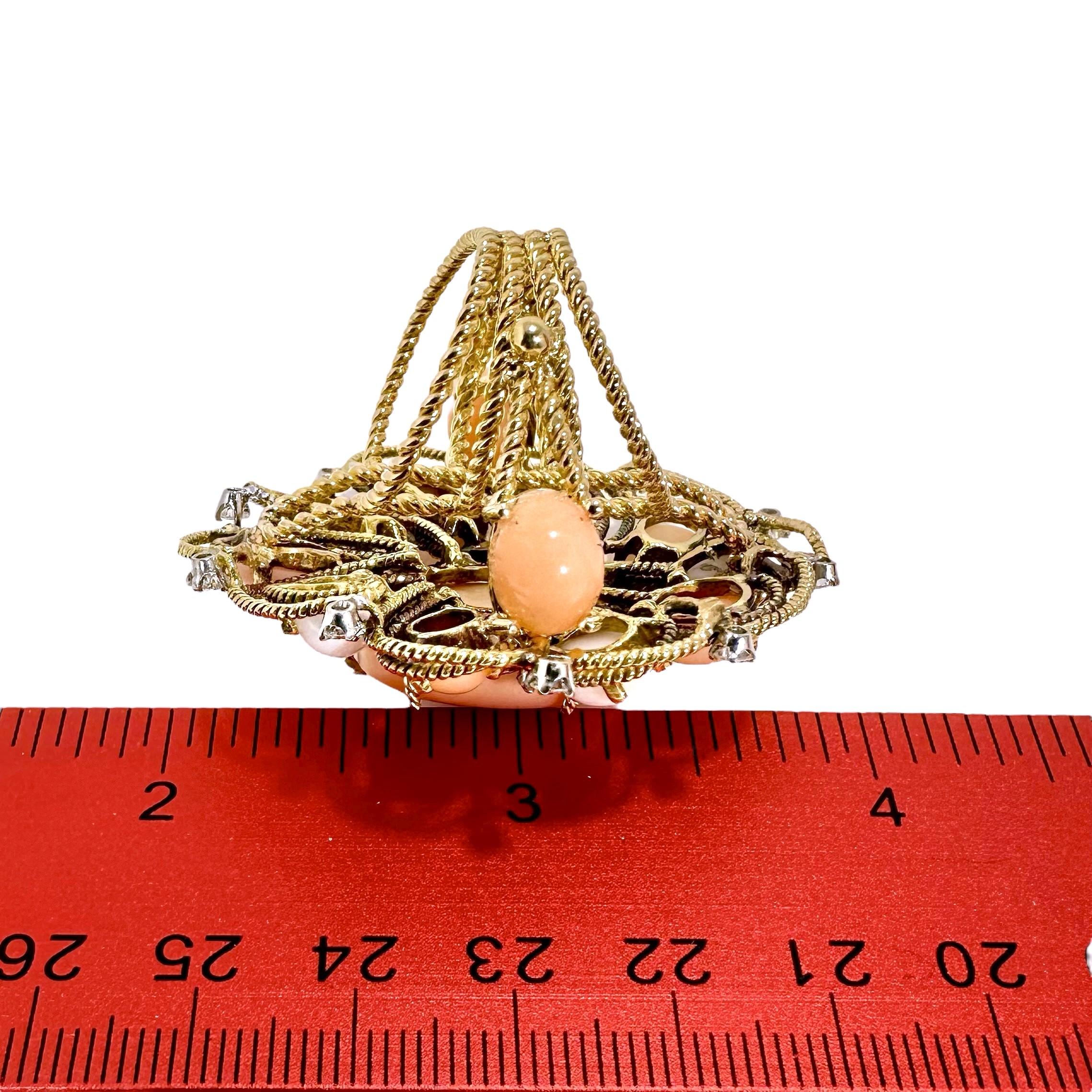 Extraordinary, Huge, 18k Yellow Gold Handmade Coral and Diamond Cocktail Ring For Sale 4