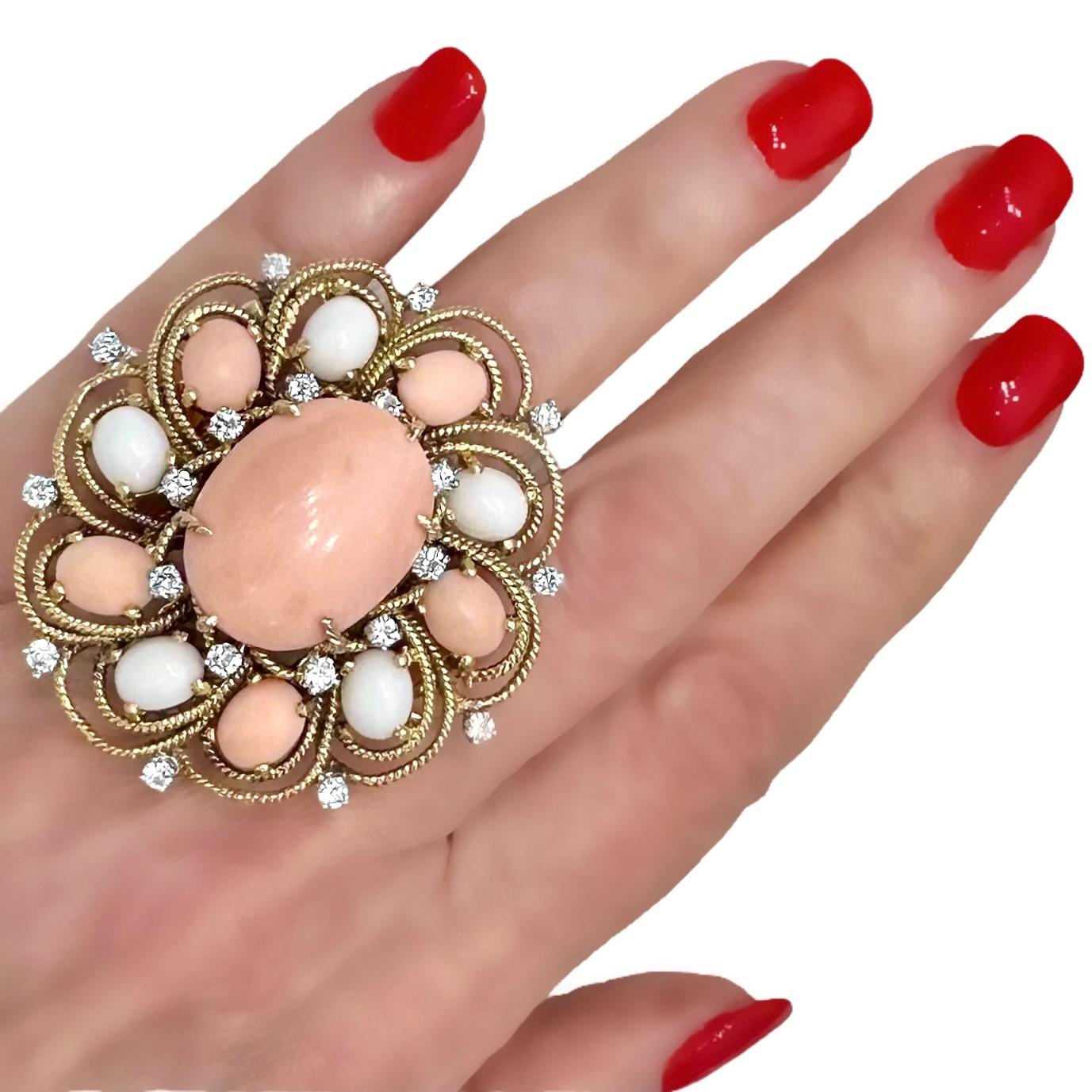 Extraordinary, Huge, 18k Yellow Gold Handmade Coral and Diamond Cocktail Ring For Sale 6
