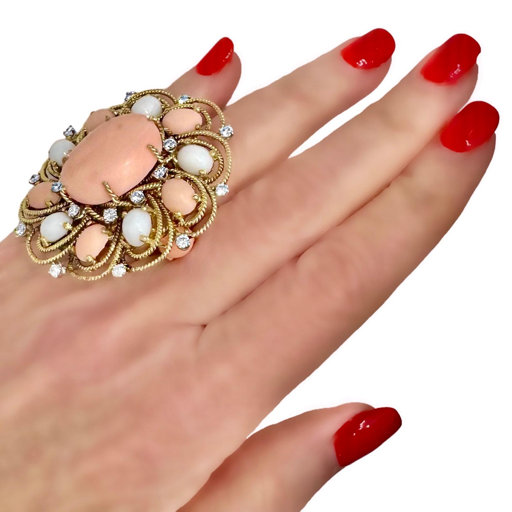 Extraordinary, Huge, 18k Yellow Gold Handmade Coral and Diamond Cocktail Ring For Sale 7