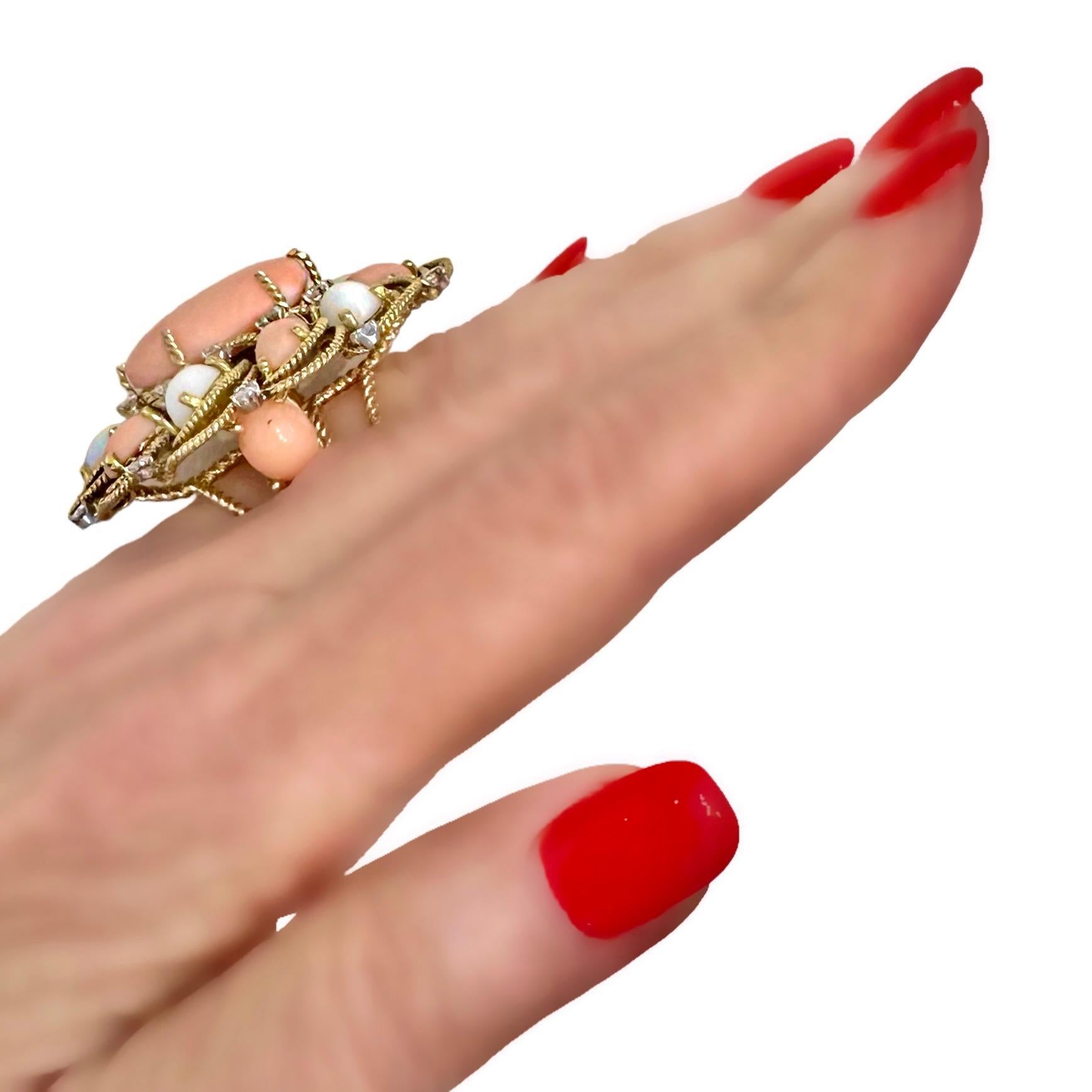 Extraordinary, Huge, 18k Yellow Gold Handmade Coral and Diamond Cocktail Ring For Sale 7