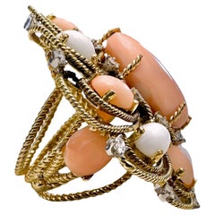 Extraordinary, Huge, 18k Yellow Gold Handmade Coral and Diamond Cocktail Ring