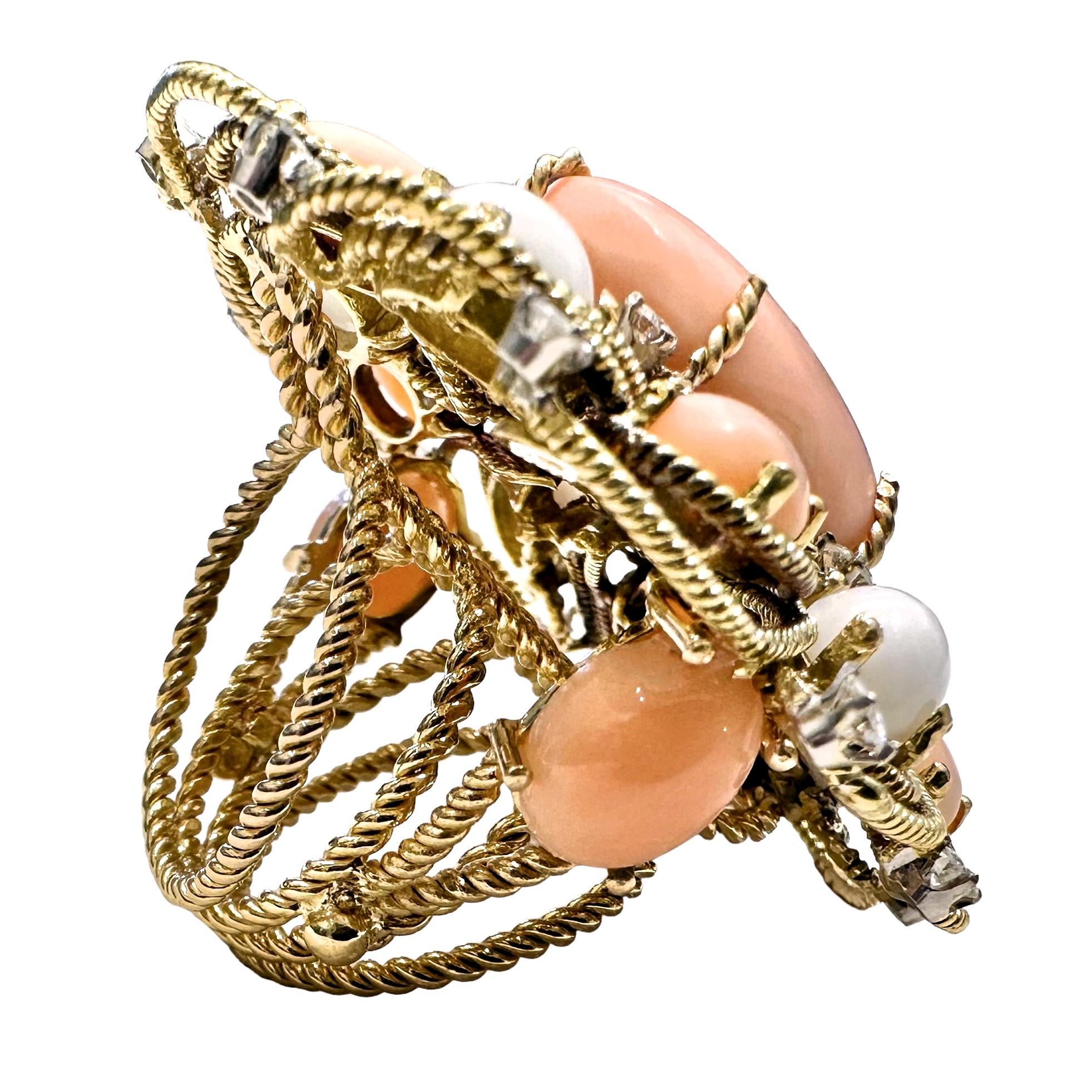 Modern Extraordinary, Huge, 18k Yellow Gold Handmade Coral and Diamond Cocktail Ring For Sale