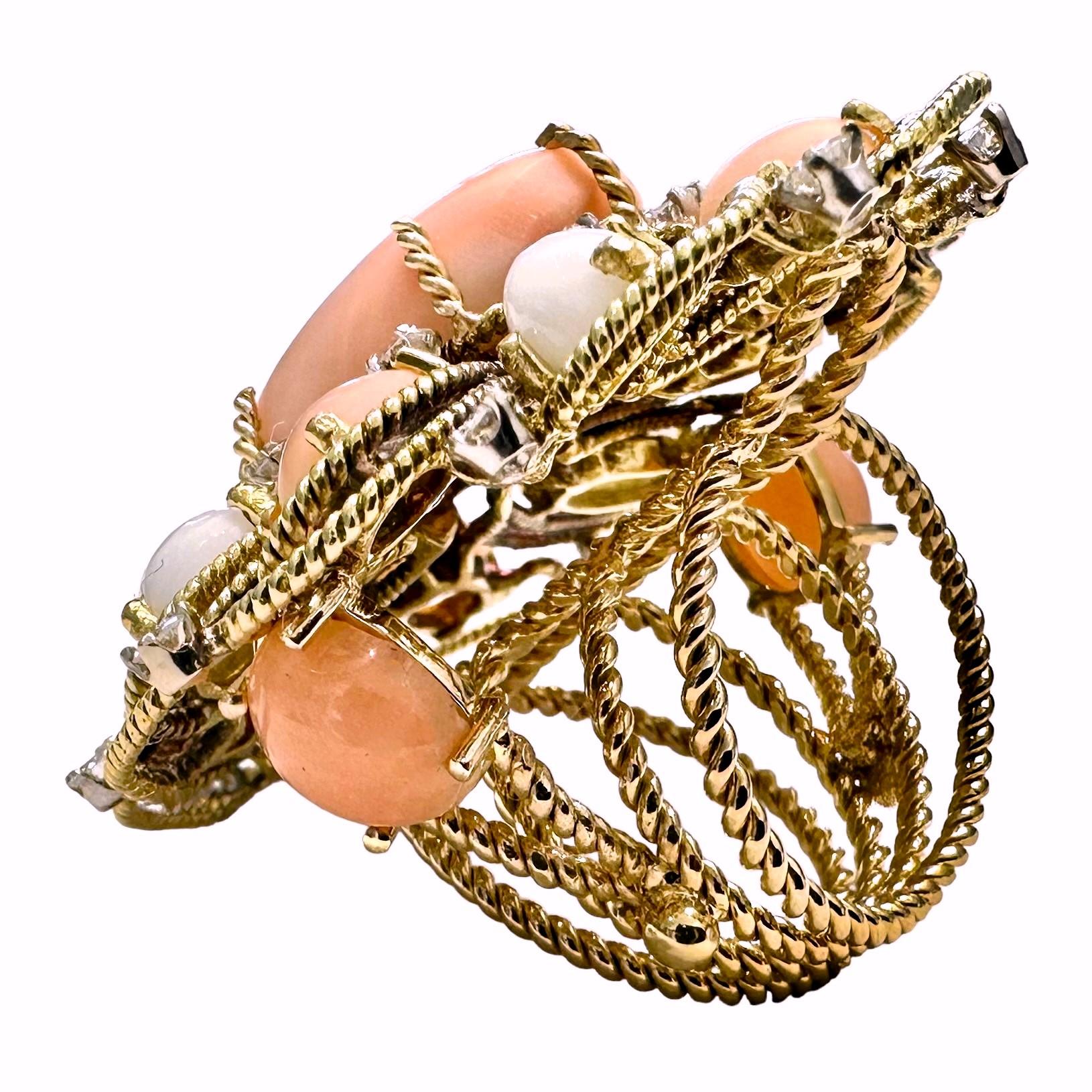Women's Extraordinary, Huge, 18k Yellow Gold Handmade Coral and Diamond Cocktail Ring For Sale