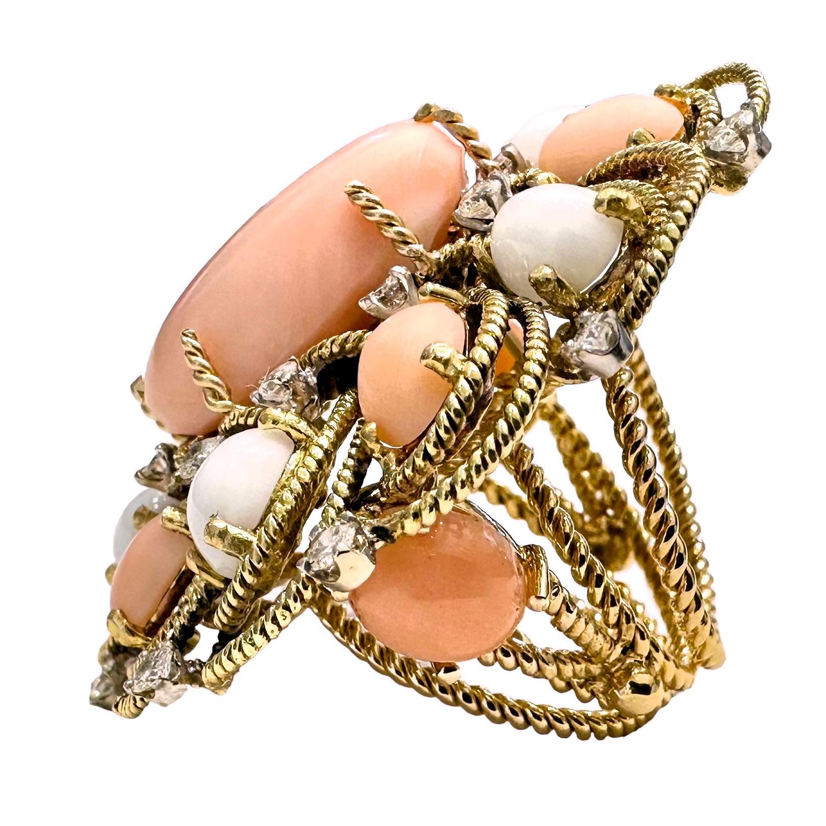 Extraordinary, Huge, 18k Yellow Gold Handmade Coral and Diamond Cocktail Ring For Sale 1