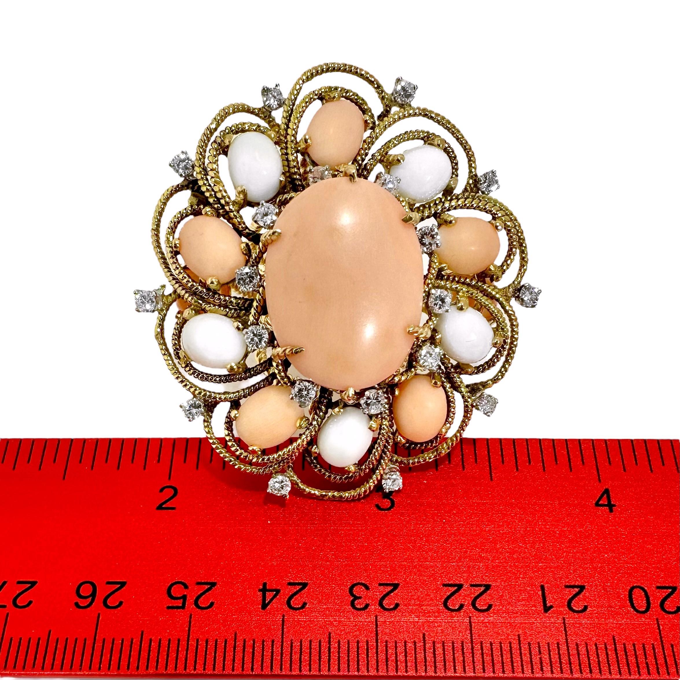 Extraordinary, Huge, 18k Yellow Gold Handmade Coral and Diamond Cocktail Ring For Sale 3