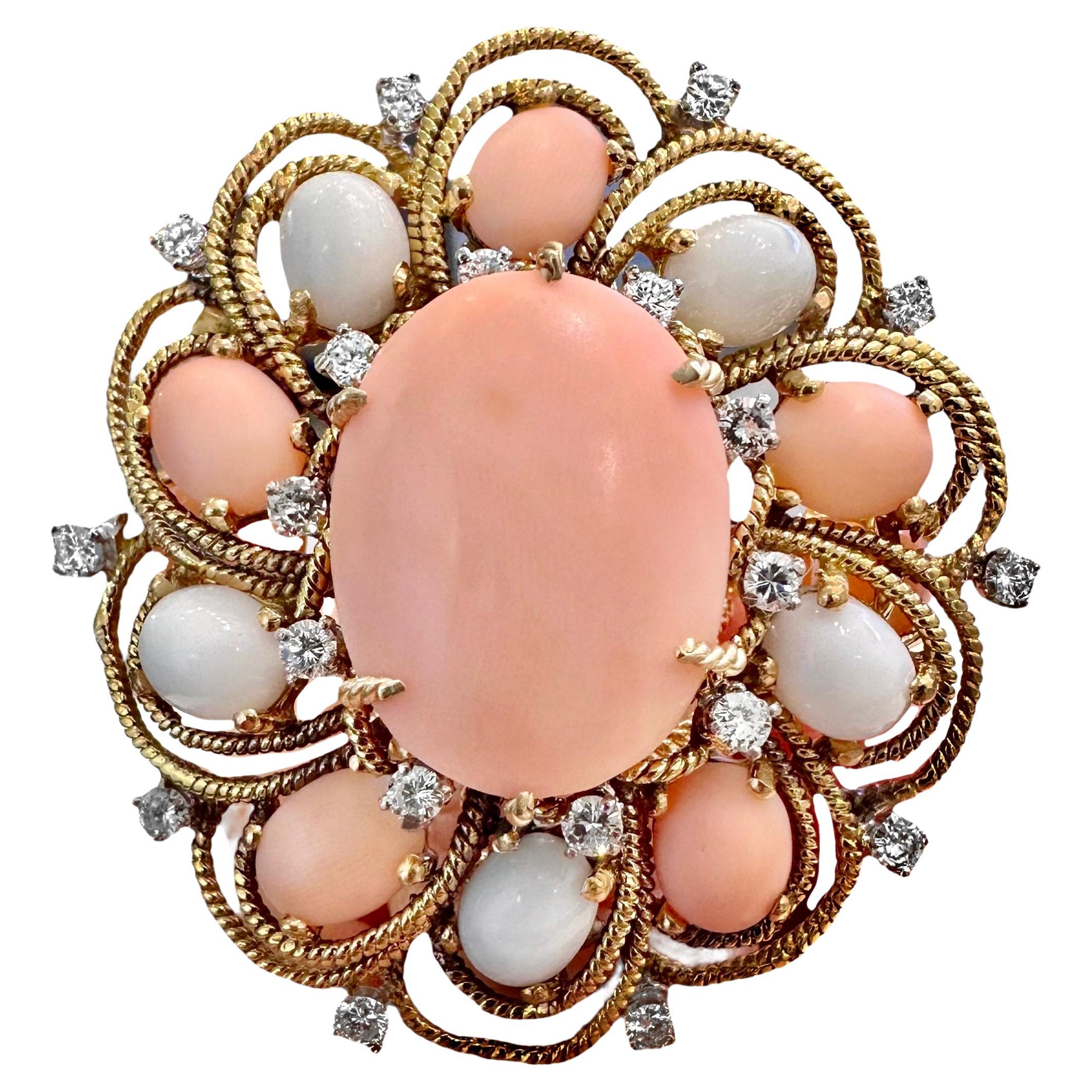 Extraordinary, Huge, 18k Yellow Gold Handmade Coral and Diamond Cocktail Ring