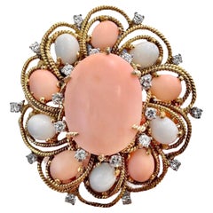 Retro Extraordinary, Huge, 18k Yellow Gold Handmade Coral and Diamond Cocktail Ring