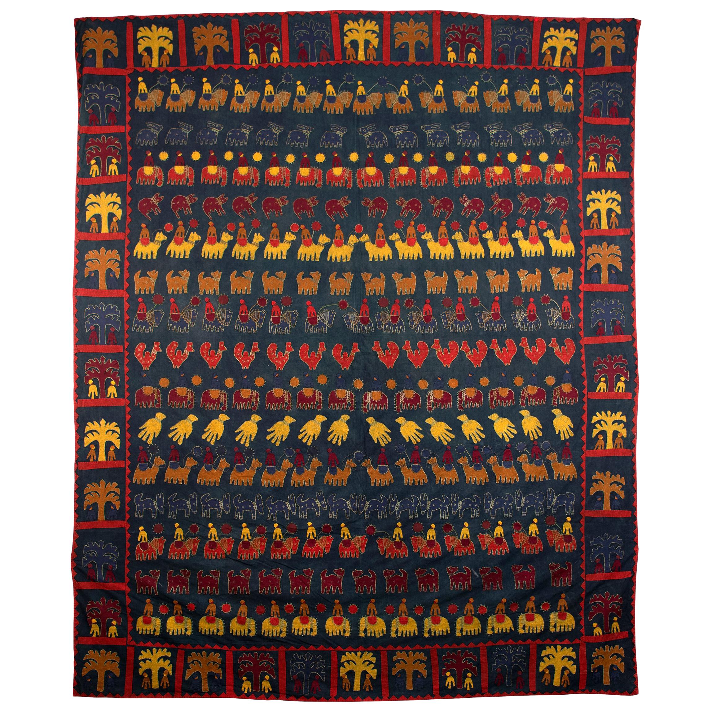 Extraordinary Indian Applique Wall Hanging Bedspread For Sale