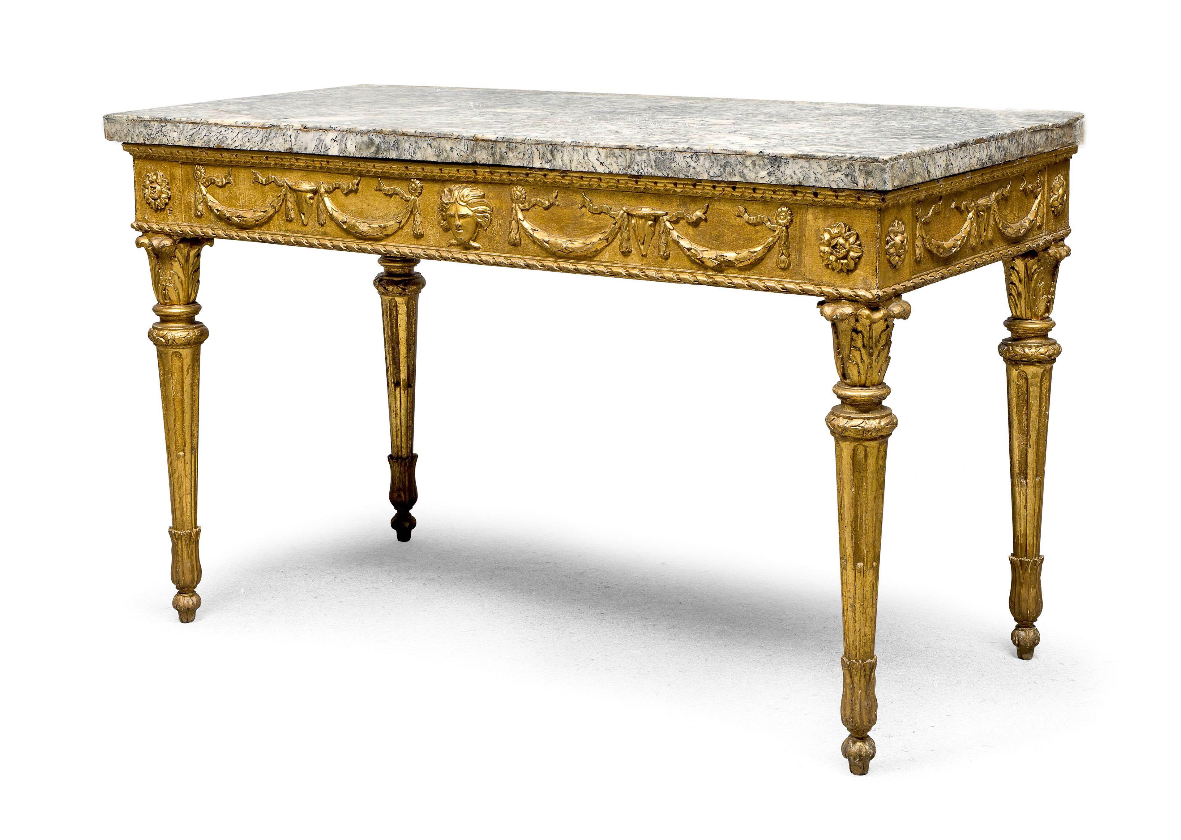 A very fine Italian carved gilt-wood console tables, Roma, circa 1770
With an important and very rare rectangular 