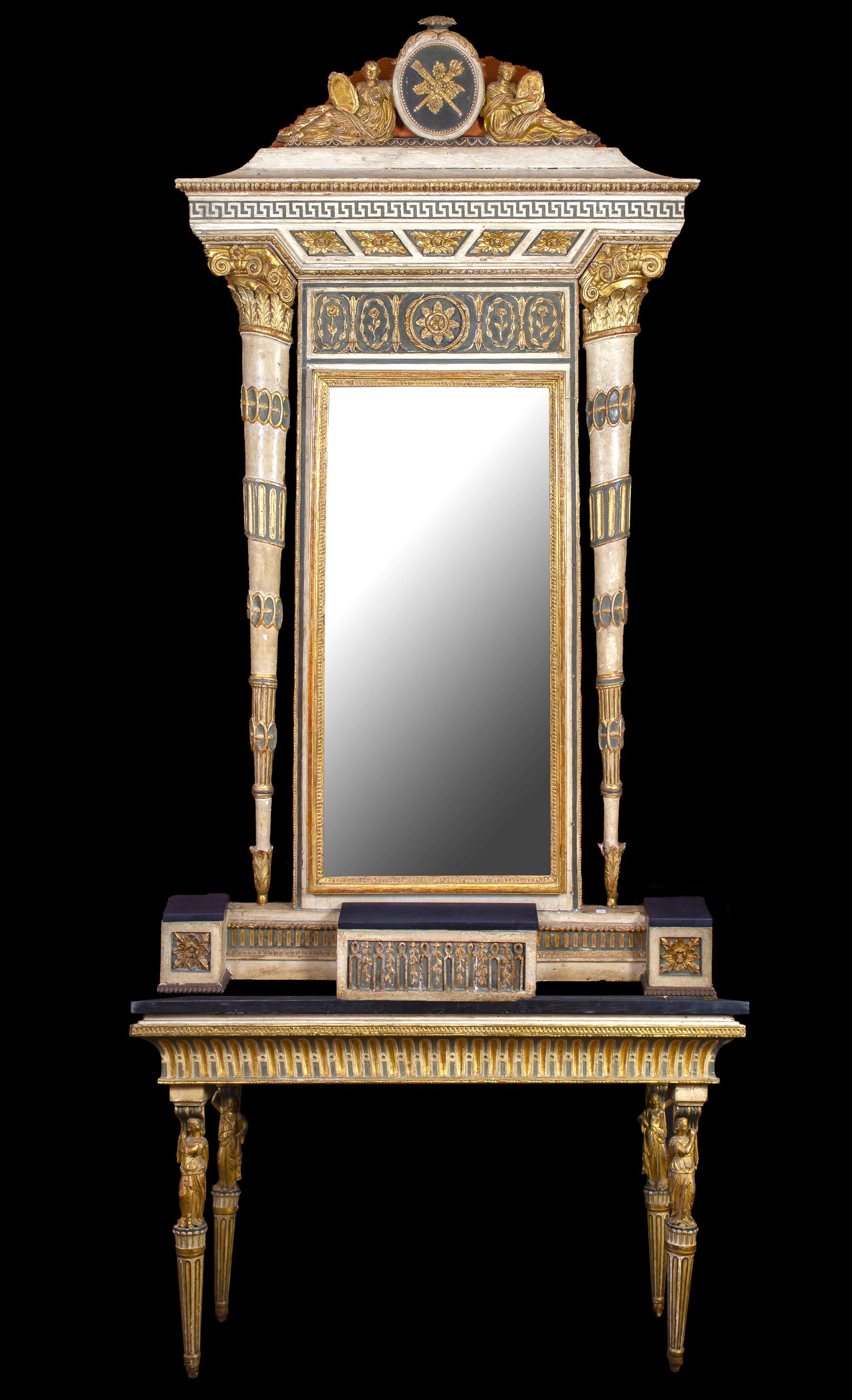 A very fine and rare Nord Italian console table and mirror.
The console table with a rectangular black marble top, above a frieze decorated with foliage , supported on four finely carved female figure caryatids,
on leaf-carved stop-fluted