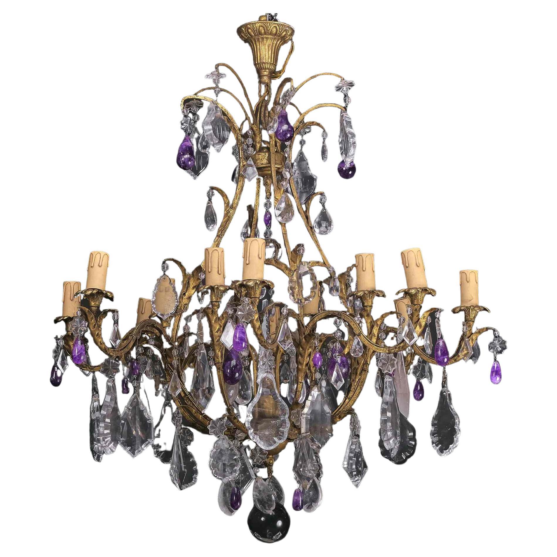 Extraordinary Italian Chandelier in Rock Crystal and Amethyst, Rome 19th Century For Sale