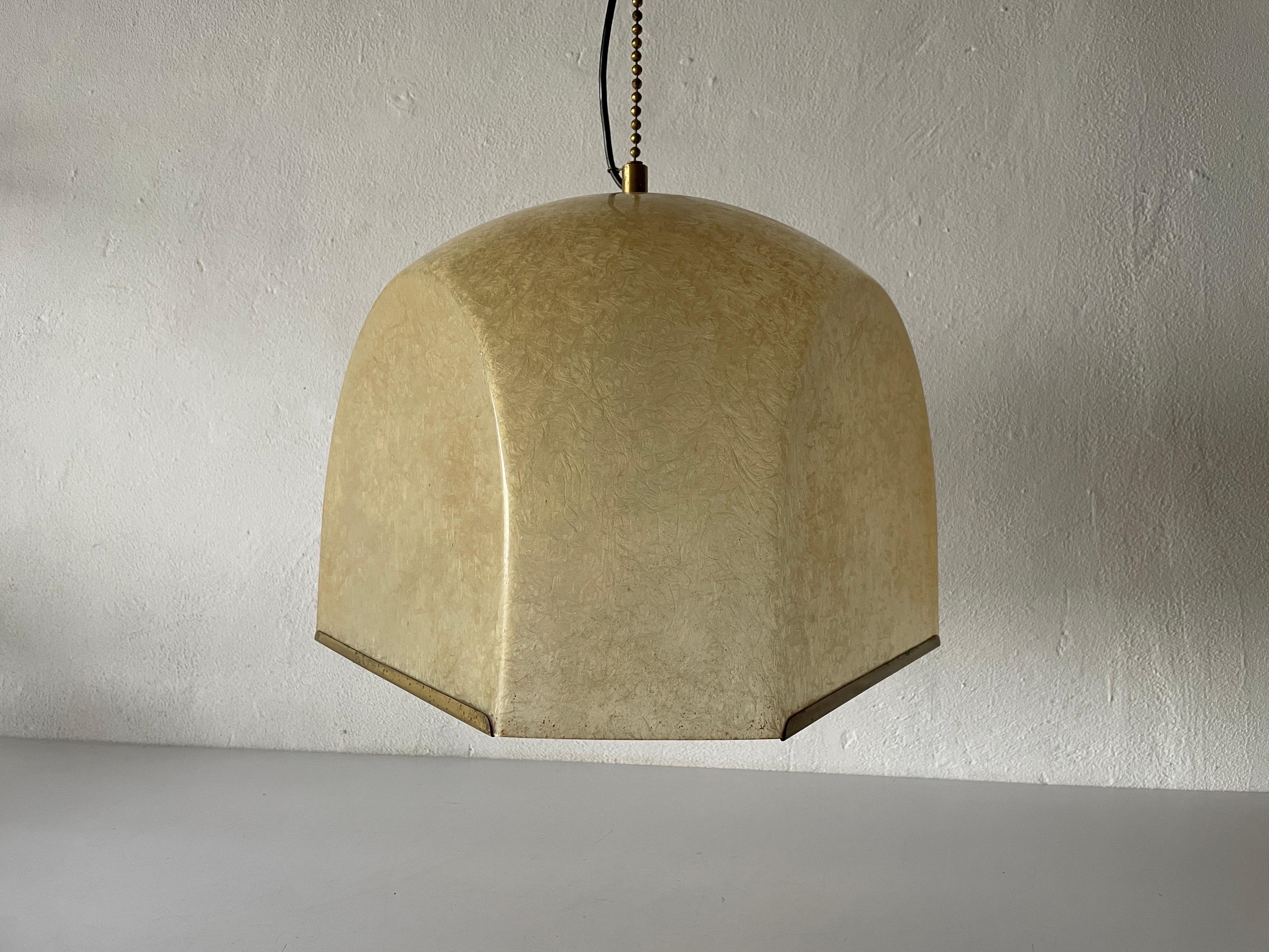 Extraordinary Italian design fiberglass XL pendant lamp, 1960s, Italy

This lamp works with E27 light bulb.

Measures: 
Height: 90 cm
Diameter and height of shade: 55 cm and 20 cm.


