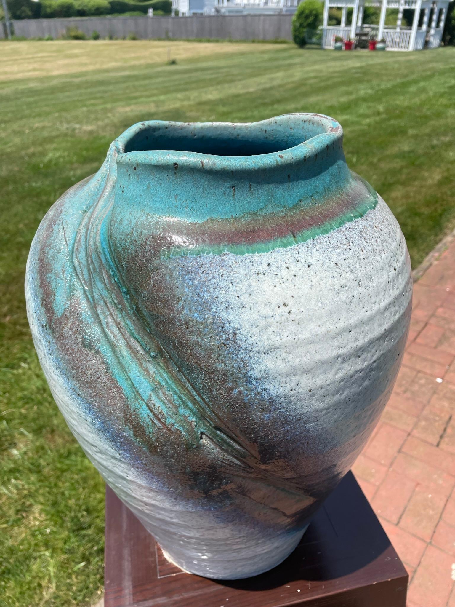 Extraordinary Large And Tall Japanese Hand Thrown Wabi Sabi Vase In Good Condition For Sale In South Burlington, VT