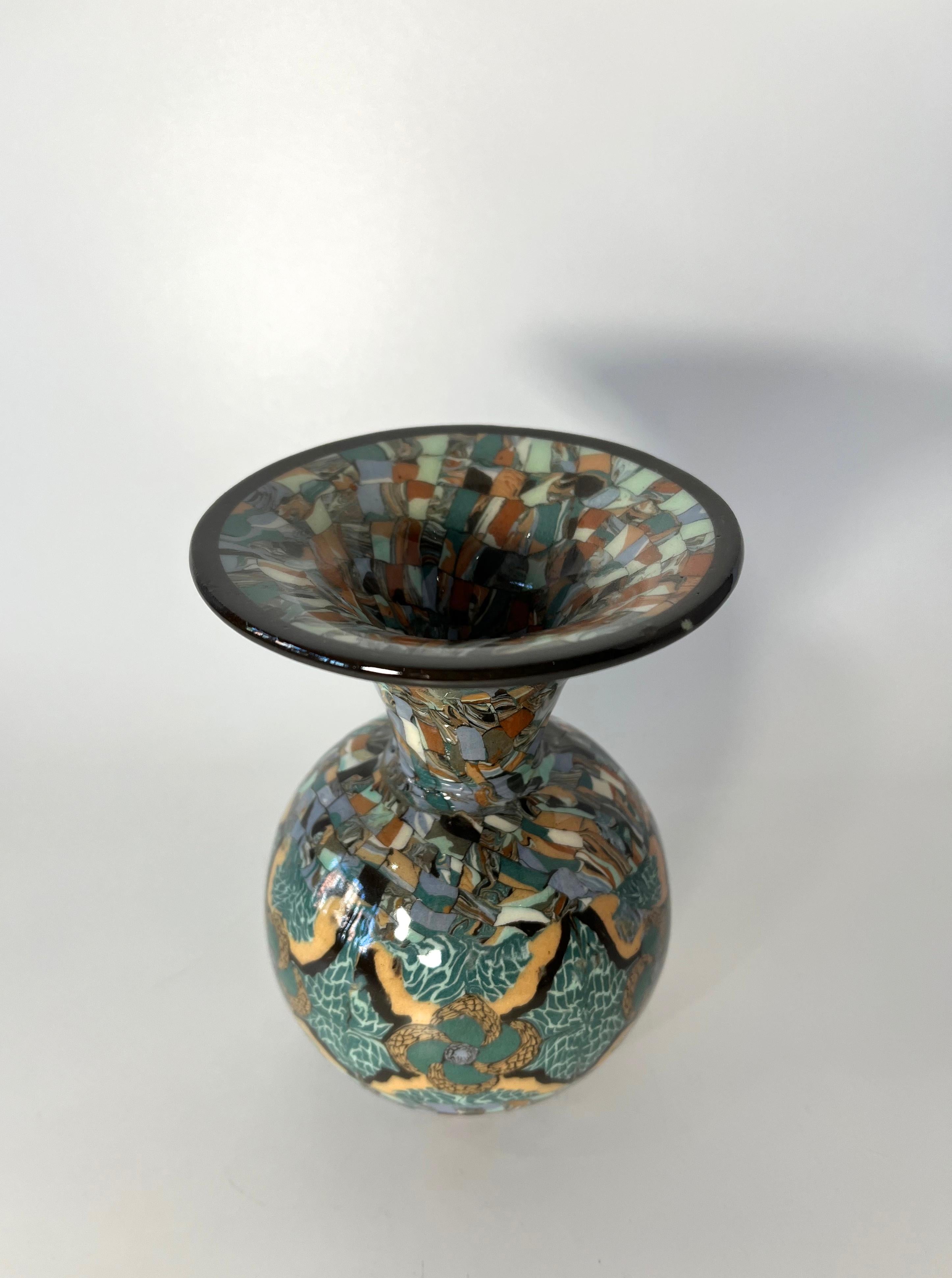 French Extraordinary Jean Gerbino, Vallauris, France, Ceramic Glazed Mosaic Funnel Vase