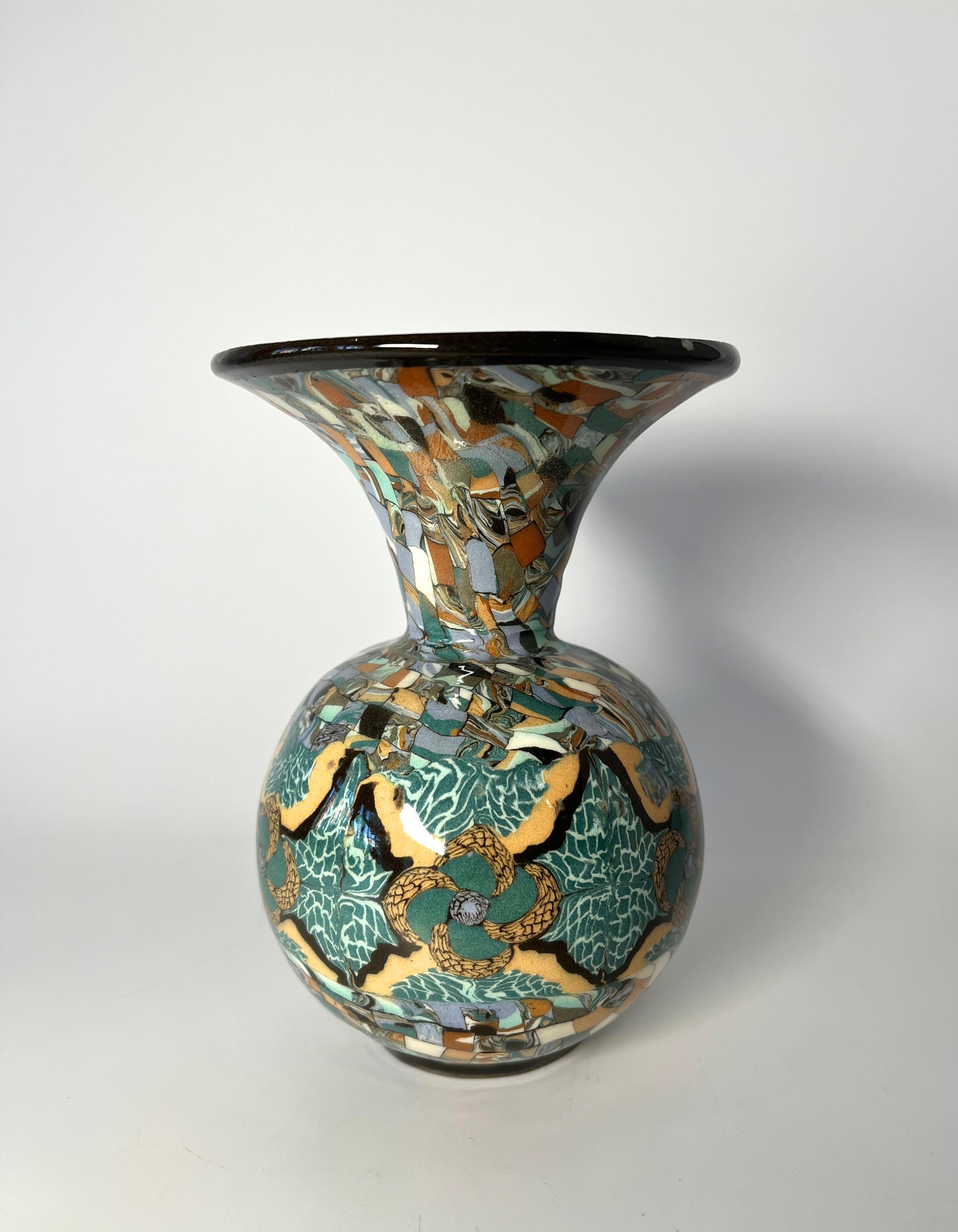 Extraordinary Jean Gerbino, Vallauris, France, Ceramic Glazed Mosaic Funnel Vase In Excellent Condition In Rothley, Leicestershire