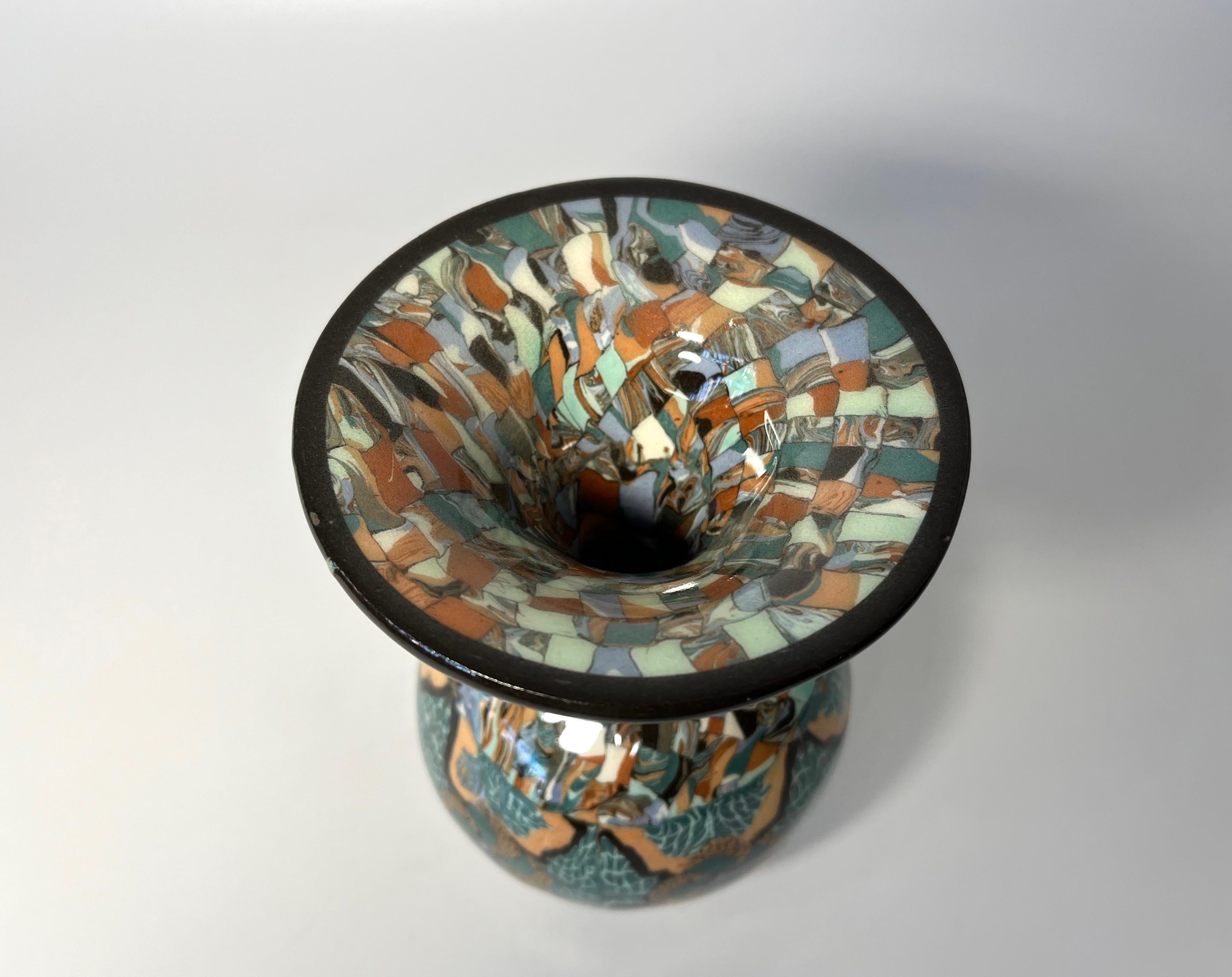 20th Century Extraordinary Jean Gerbino, Vallauris, France, Ceramic Glazed Mosaic Funnel Vase